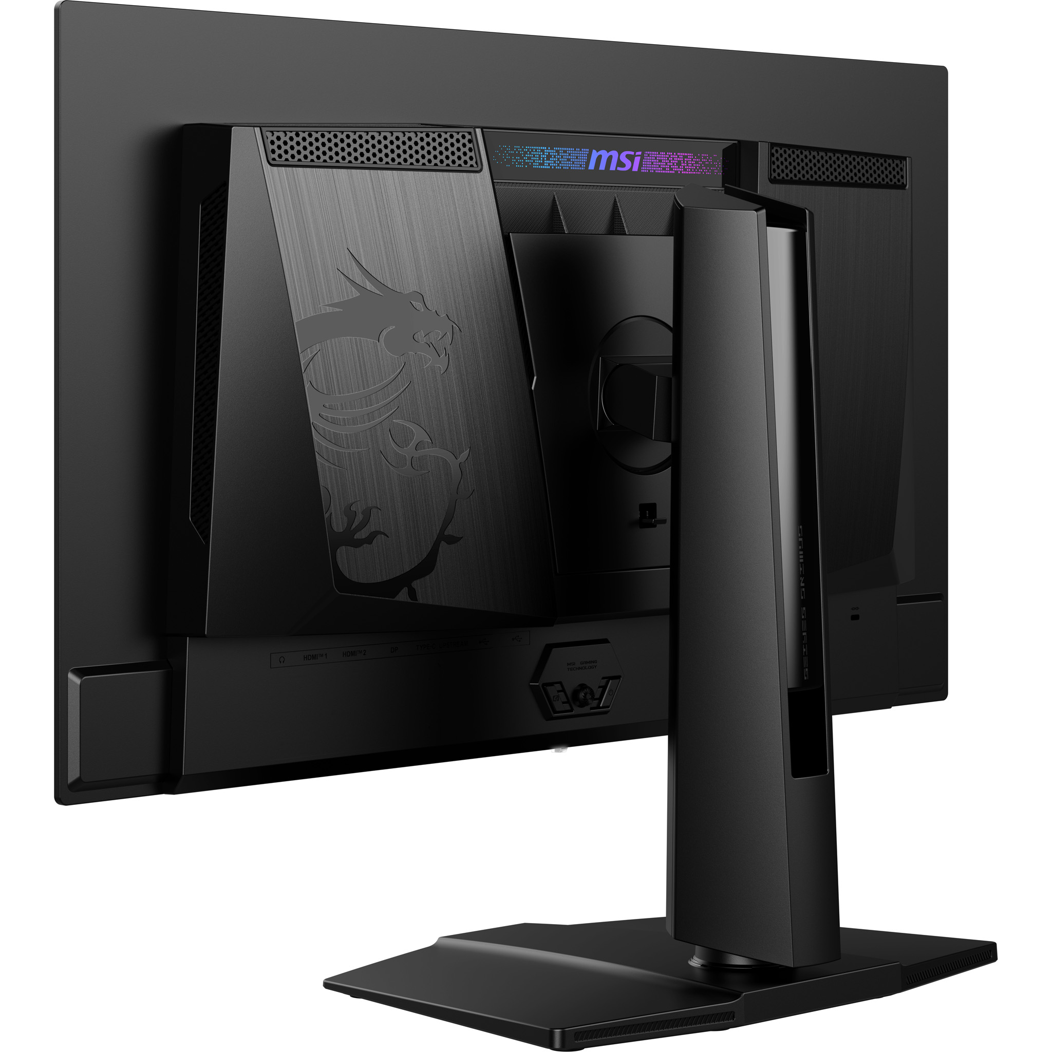 Rückseite eines schwarzen MSI Gaming Monitors mit Drachenlogo und Anschlüssen.