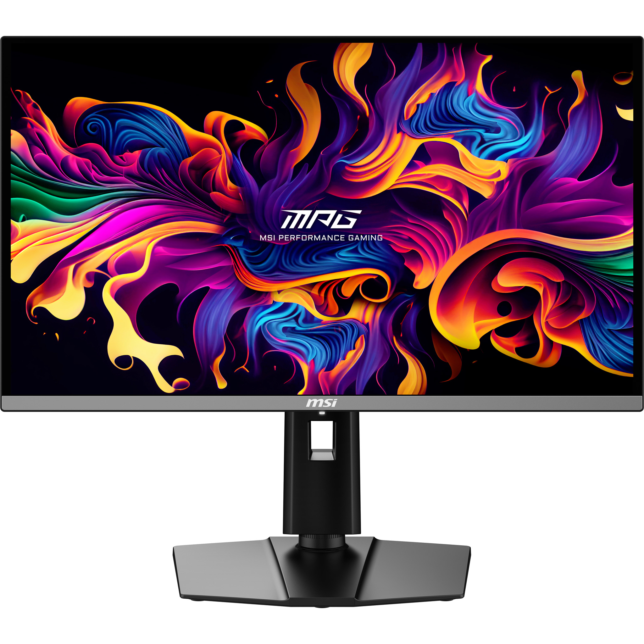Ein MSI Gaming Monitor mit abstraktem, farbenfrohem Hintergrund und MSI Logo.