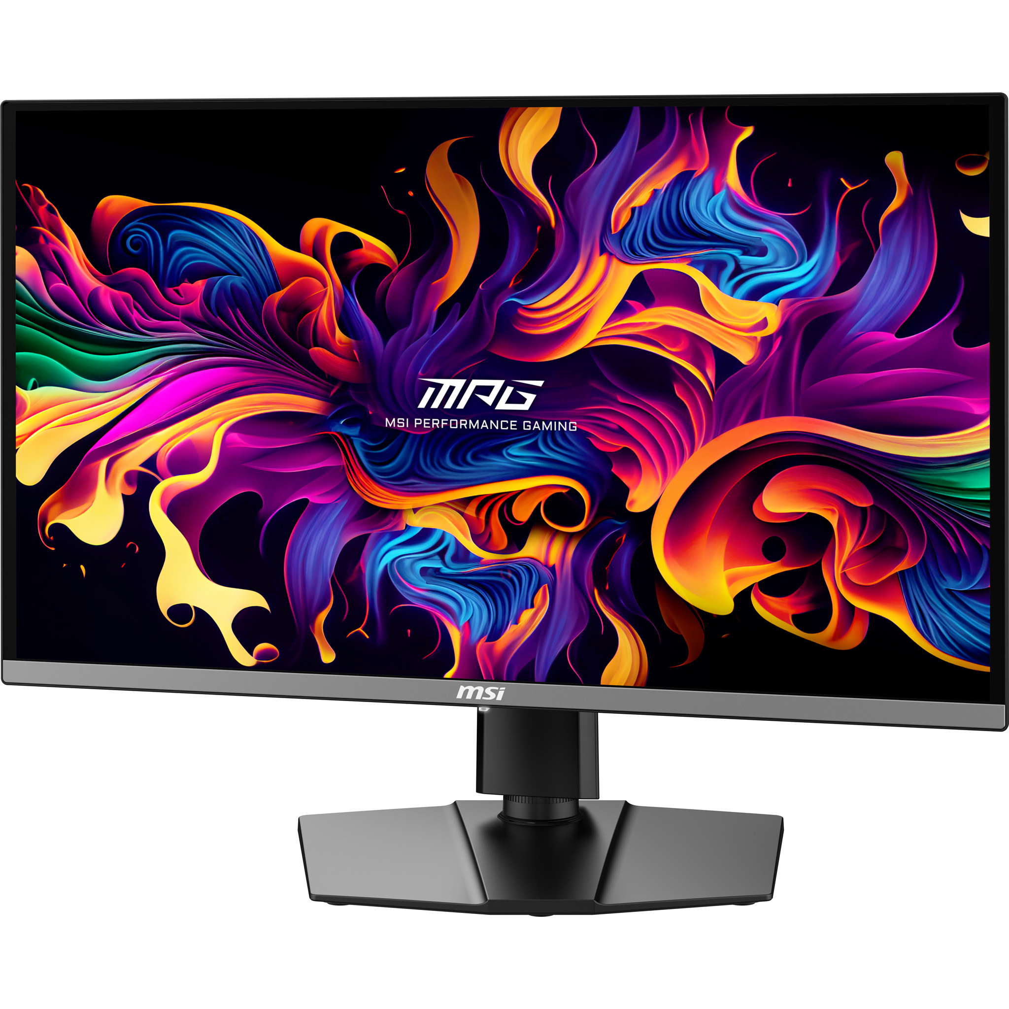 Ein Gaming-Monitor mit einem bunten, abstrakten Hintergrund und dem MSI-Logo.