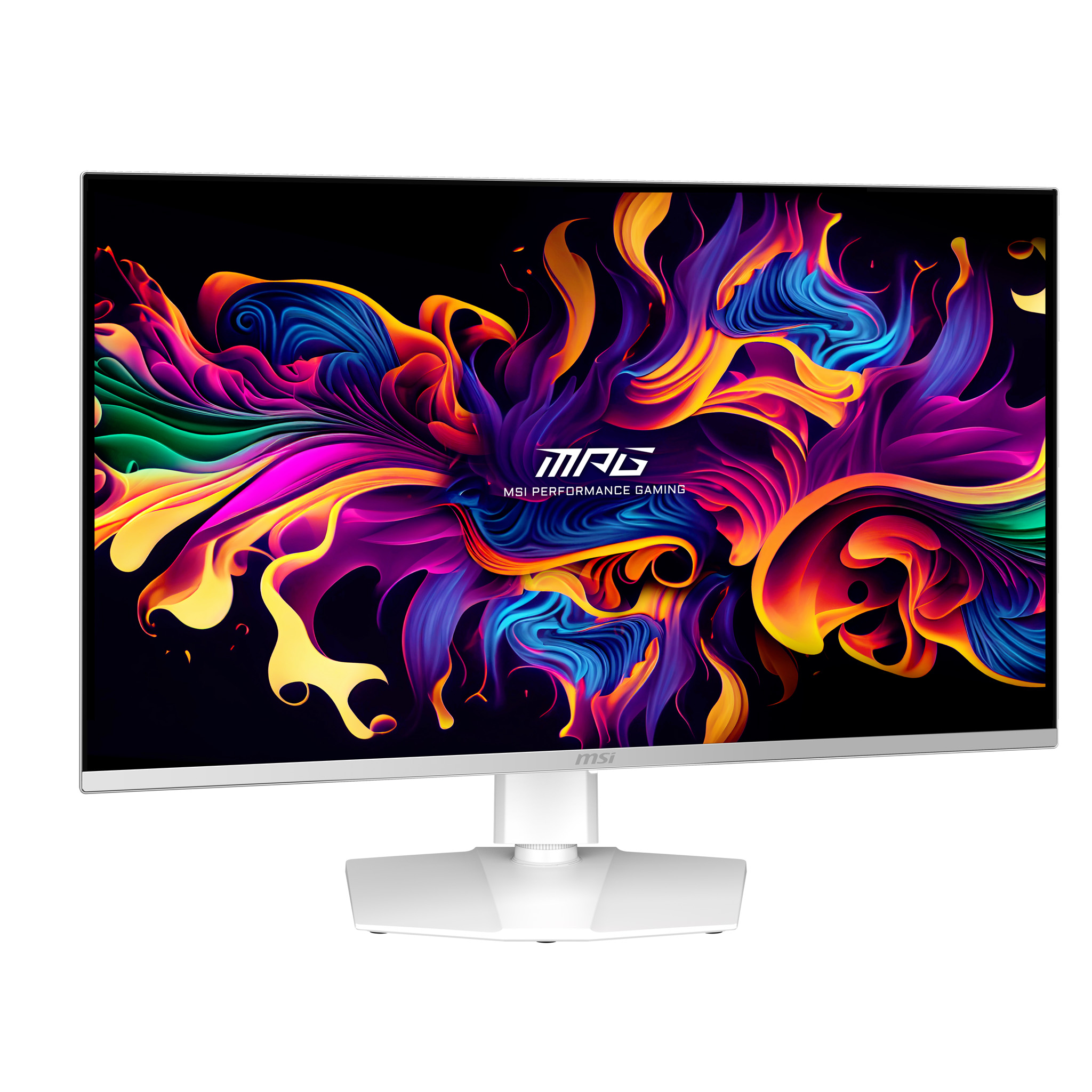 Ein weißer Monitor mit einem farbenfrohen, abstrakten Hintergrund. MSI-Logo sichtbar.
