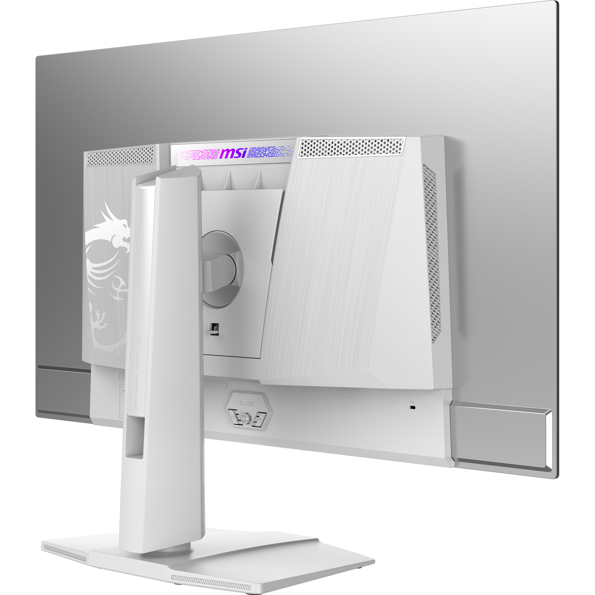 Rückseite eines weißen Monitors mit MSI-Logo und Drachenemblem.