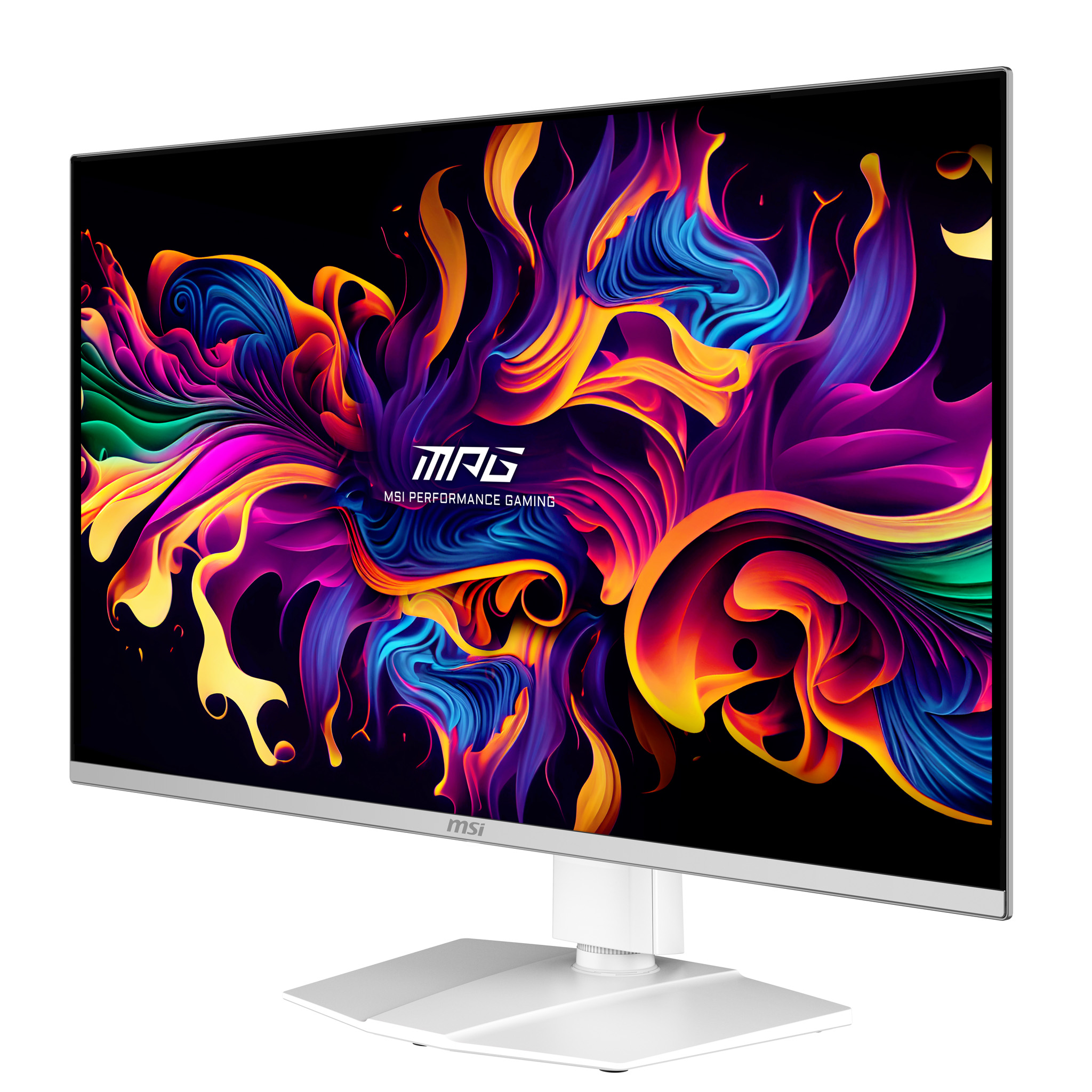 Ein weißer MSI-Gaming-Monitor mit einem bunten, abstrakten Hintergrund.
