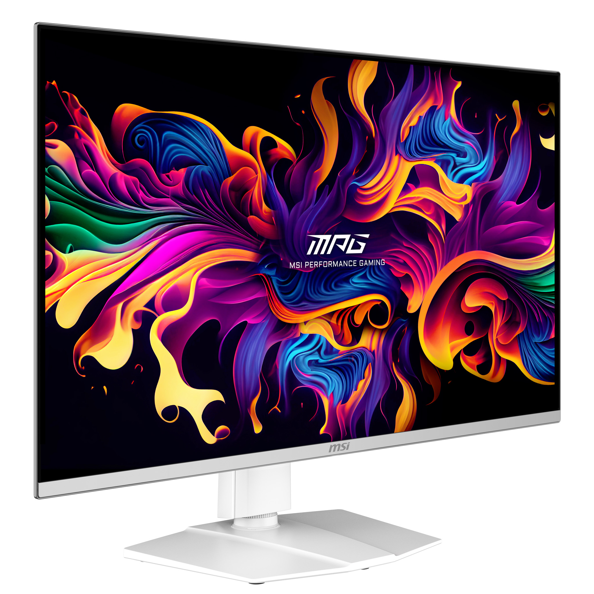 Ein weißer MSI-Monitor zeigt ein lebendiges, abstraktes, feuriges Design in Lila, Blau, Orange und Gelb.