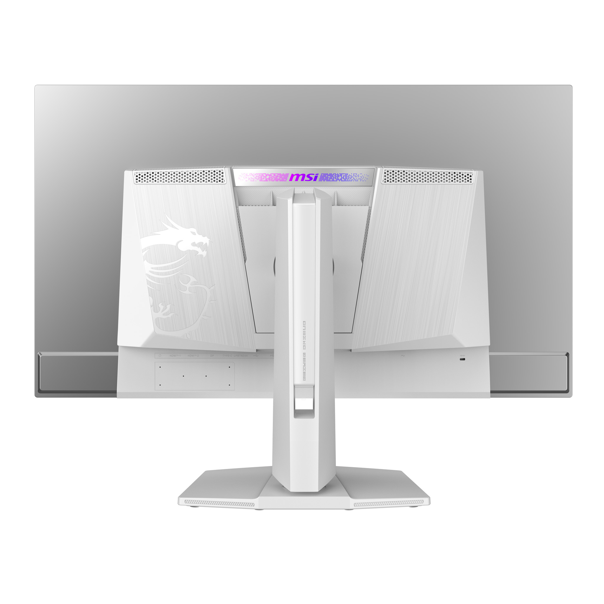 Rückseite eines weißen MSI Gaming Monitors mit Dragon-Logo und RGB-Beleuchtung.
