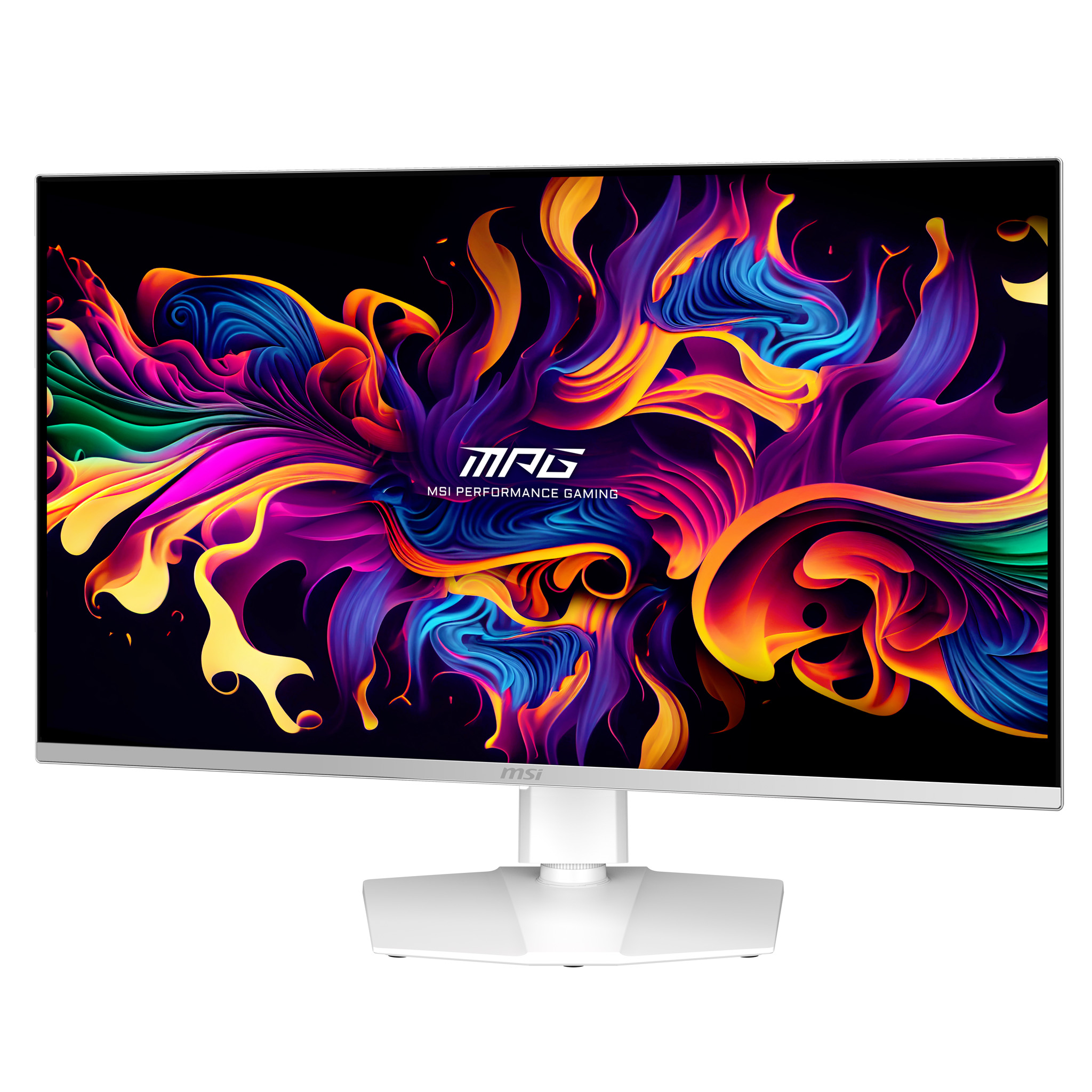 Weißer MSI-Monitor mit farbenfroher abstrakter Kunst, Flammen und Wellen.