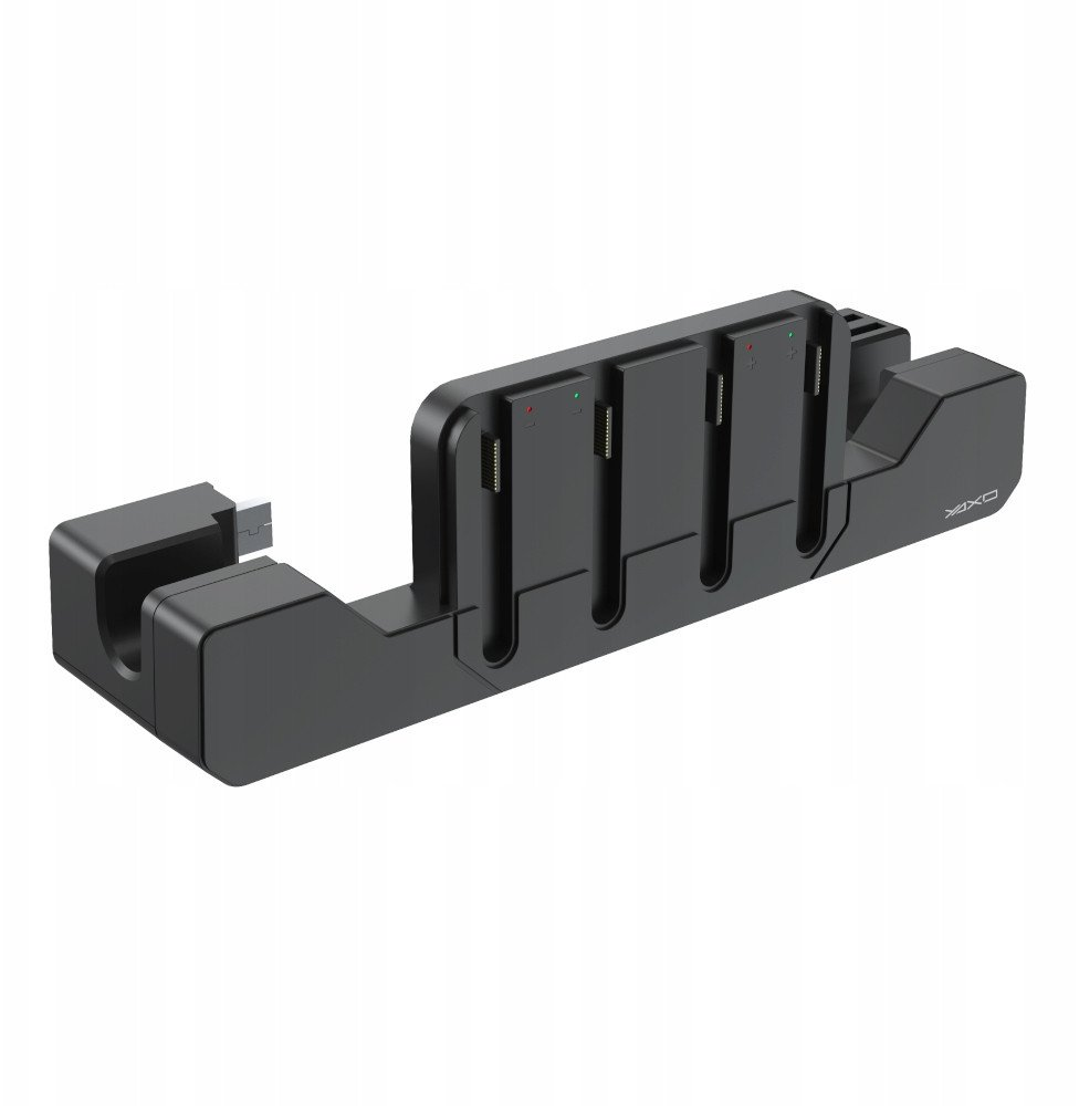 Czarna ładowarka do trzech akumulatorów ze złączem USB-C i wskaźnikami ładowania.