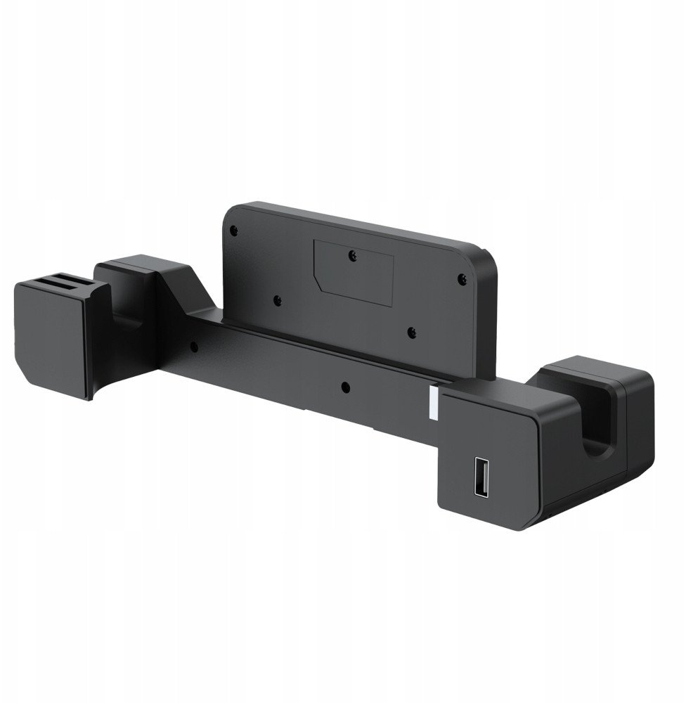 Czarny stojak ładujący do konsol do gier z portami.