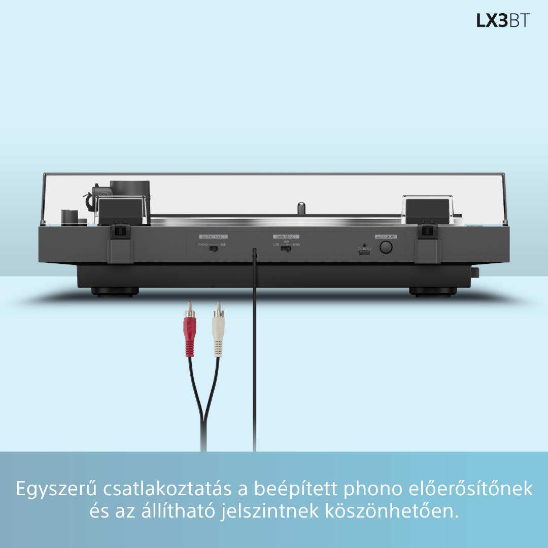 Fekete lemezjátszó piros és fehér RCA kábelekkel.