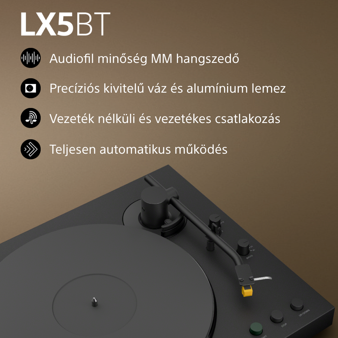 Fekete LX5BT lemezjátszó audiófil MM hangszedővel, precíziós vázzal.