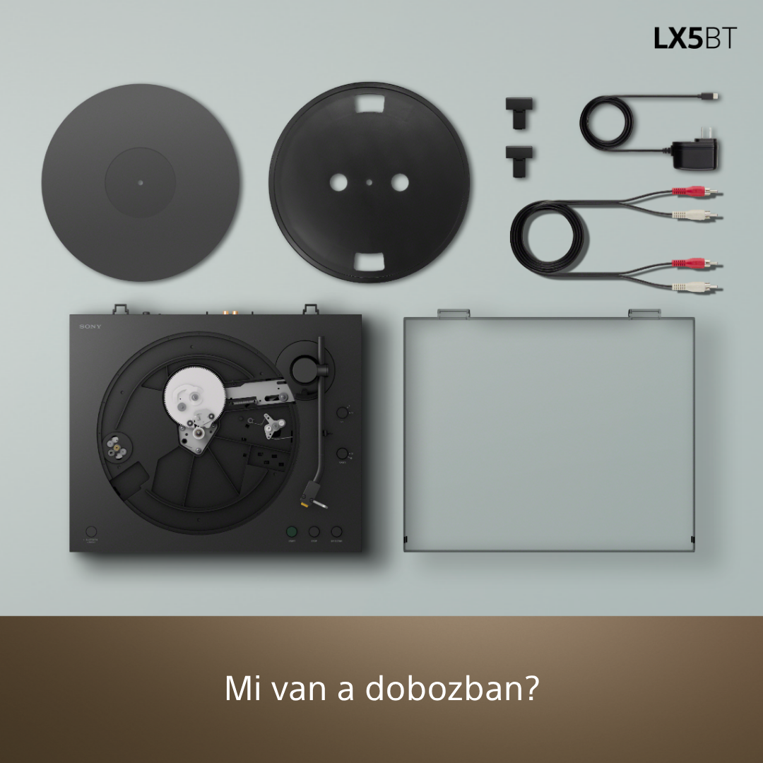 Sony lemezjátszó tartozékokkal: tányér, kábelek és hálózati adapter.