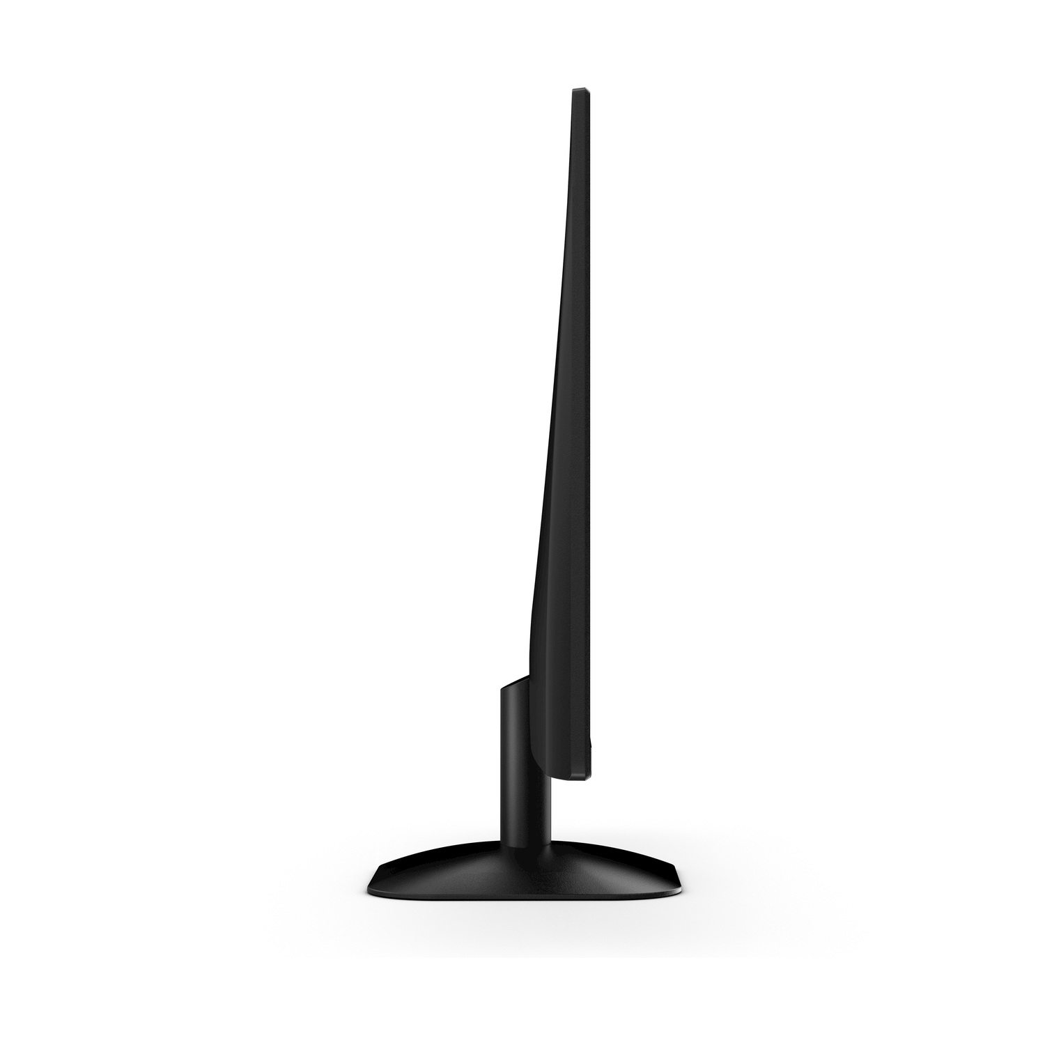 Un monitor nero su un supporto, visto di lato.