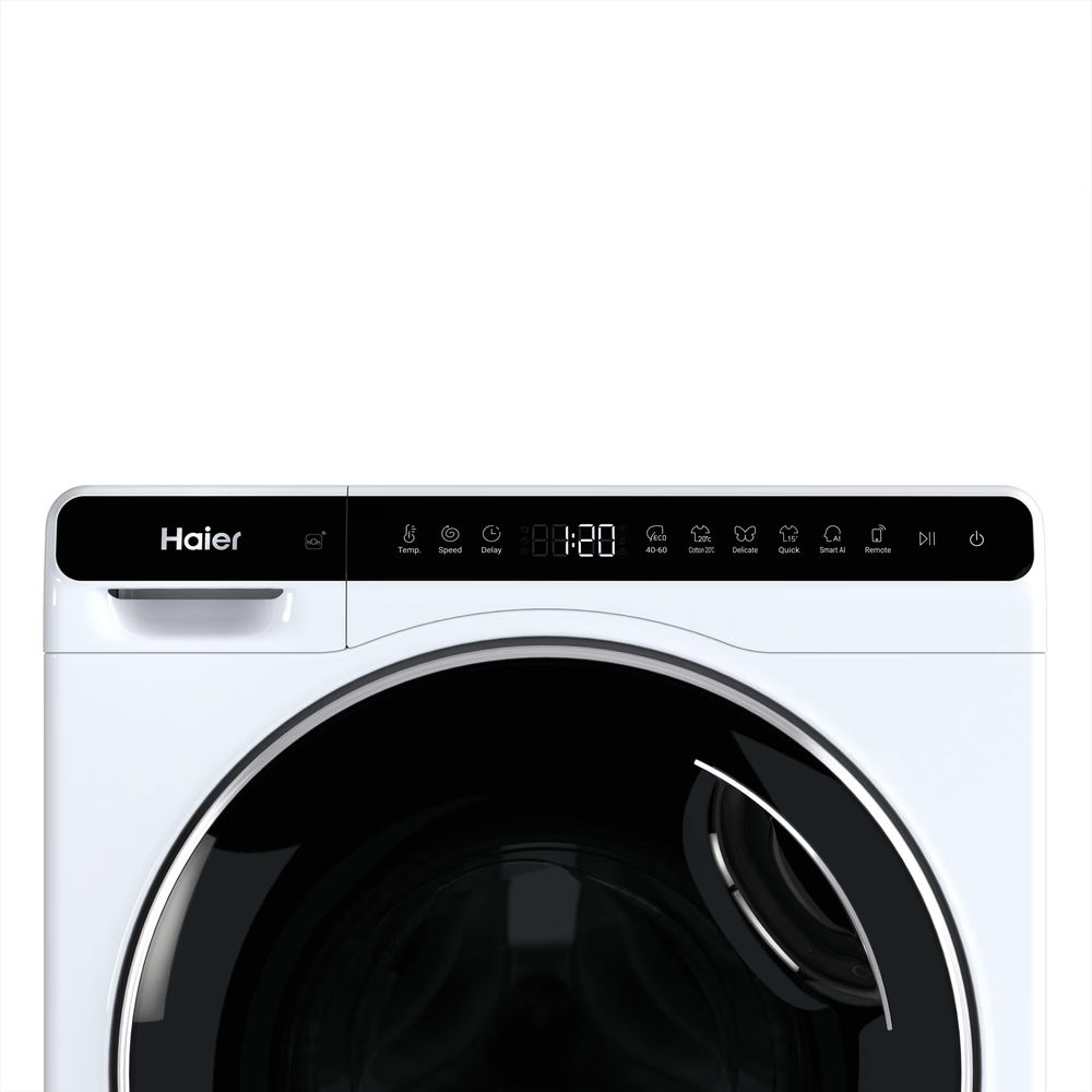 Fehér Haier mosógép fekete ajtóval és kezelőpanellel.