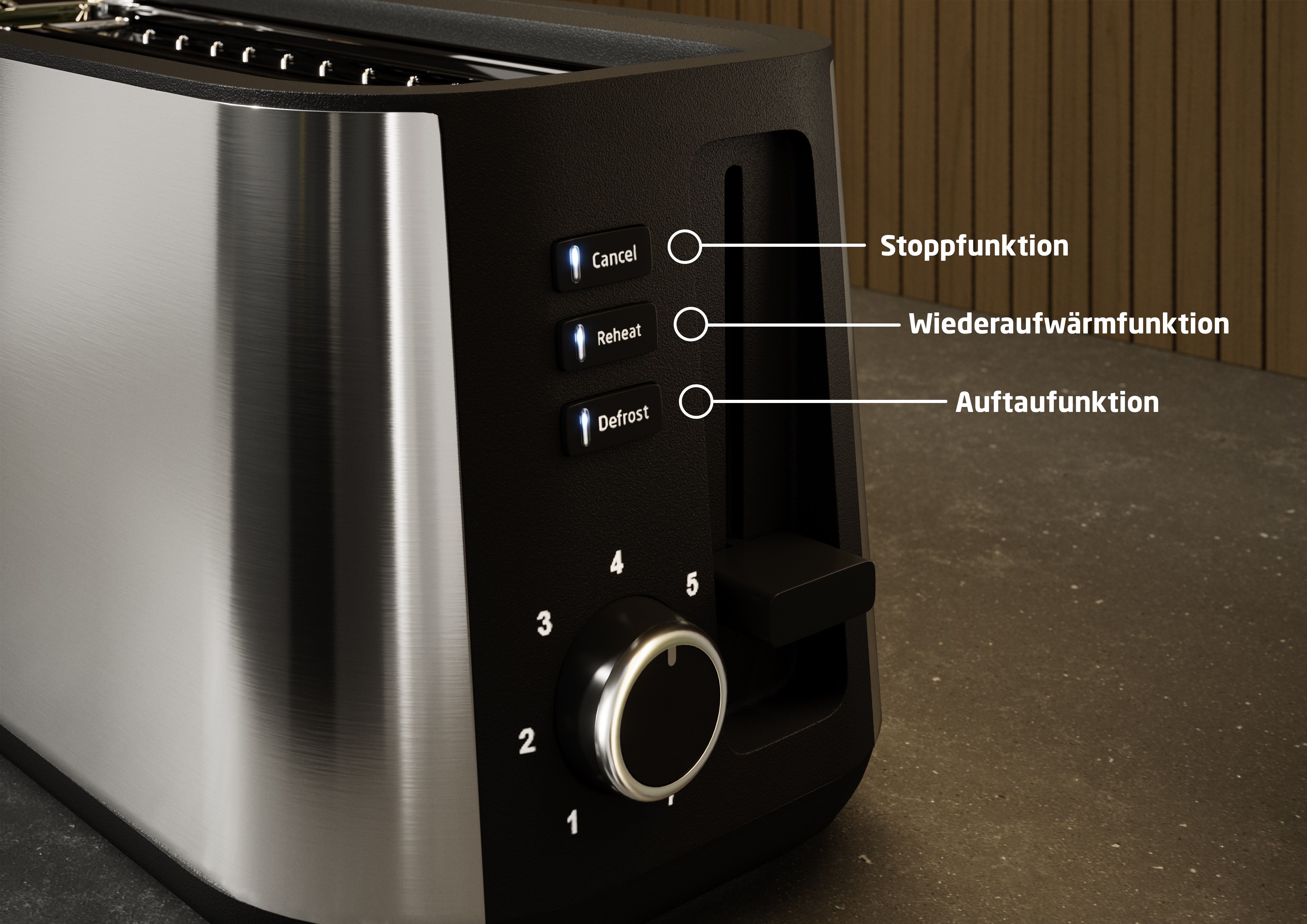 Ein silberner Toaster mit schwarzen Bedienelementen und Beschriftungen.