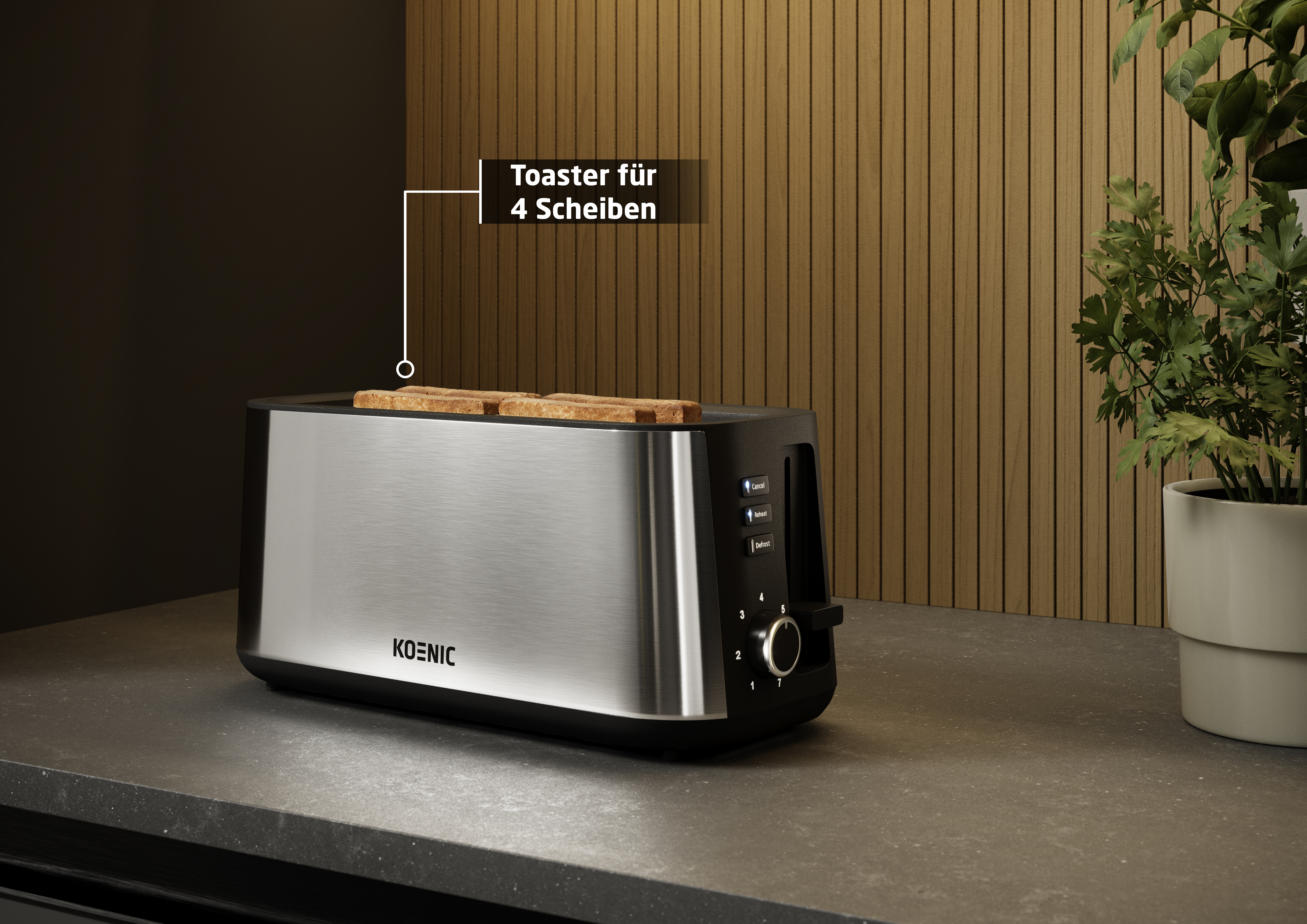 Edelstahl-Toaster mit 4 Toastscheiben, auf einer Arbeitsplatte.