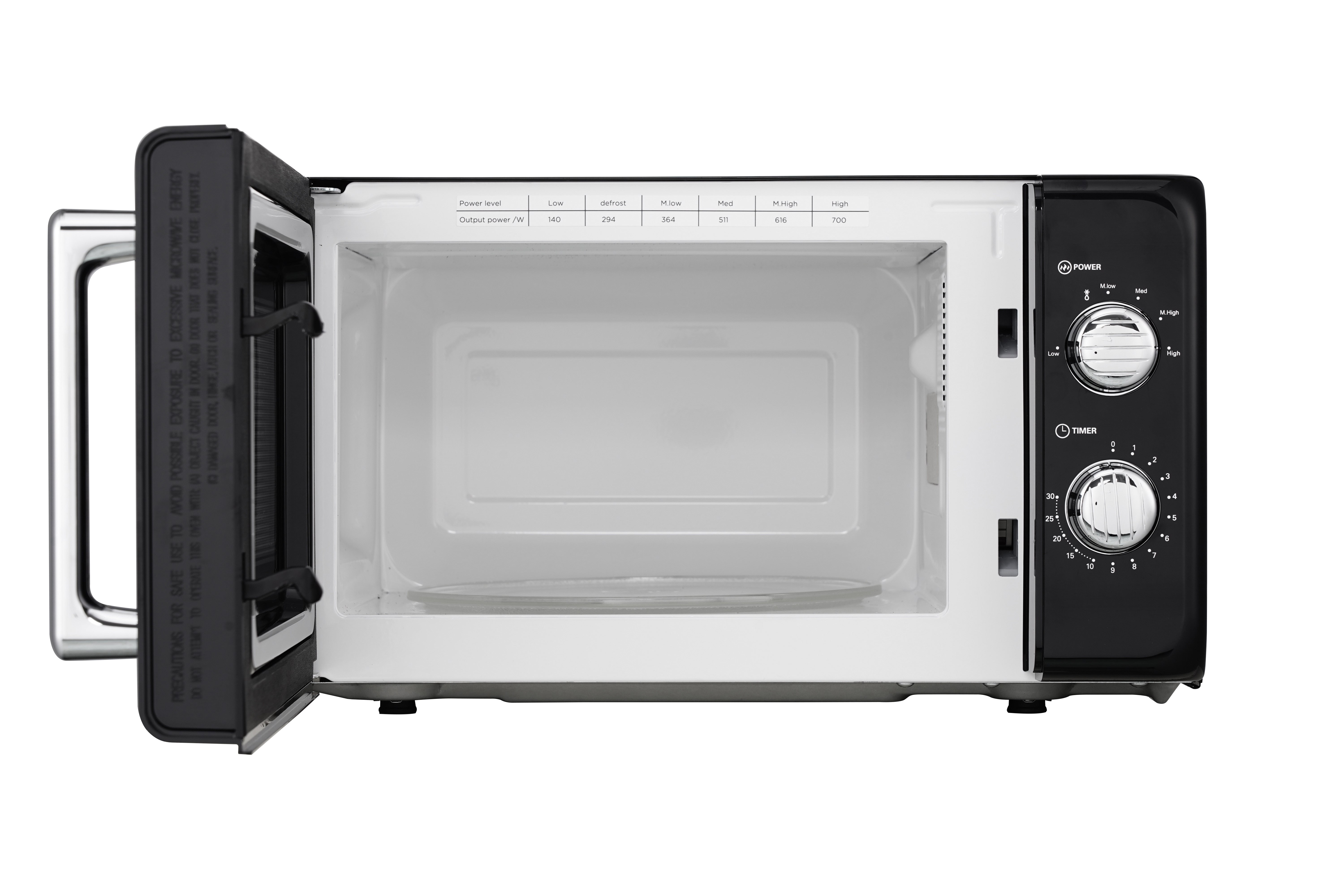 Otwarty czarny piekarnik mikrofalowy z białym wnętrzem i pokrętłami sterowania.