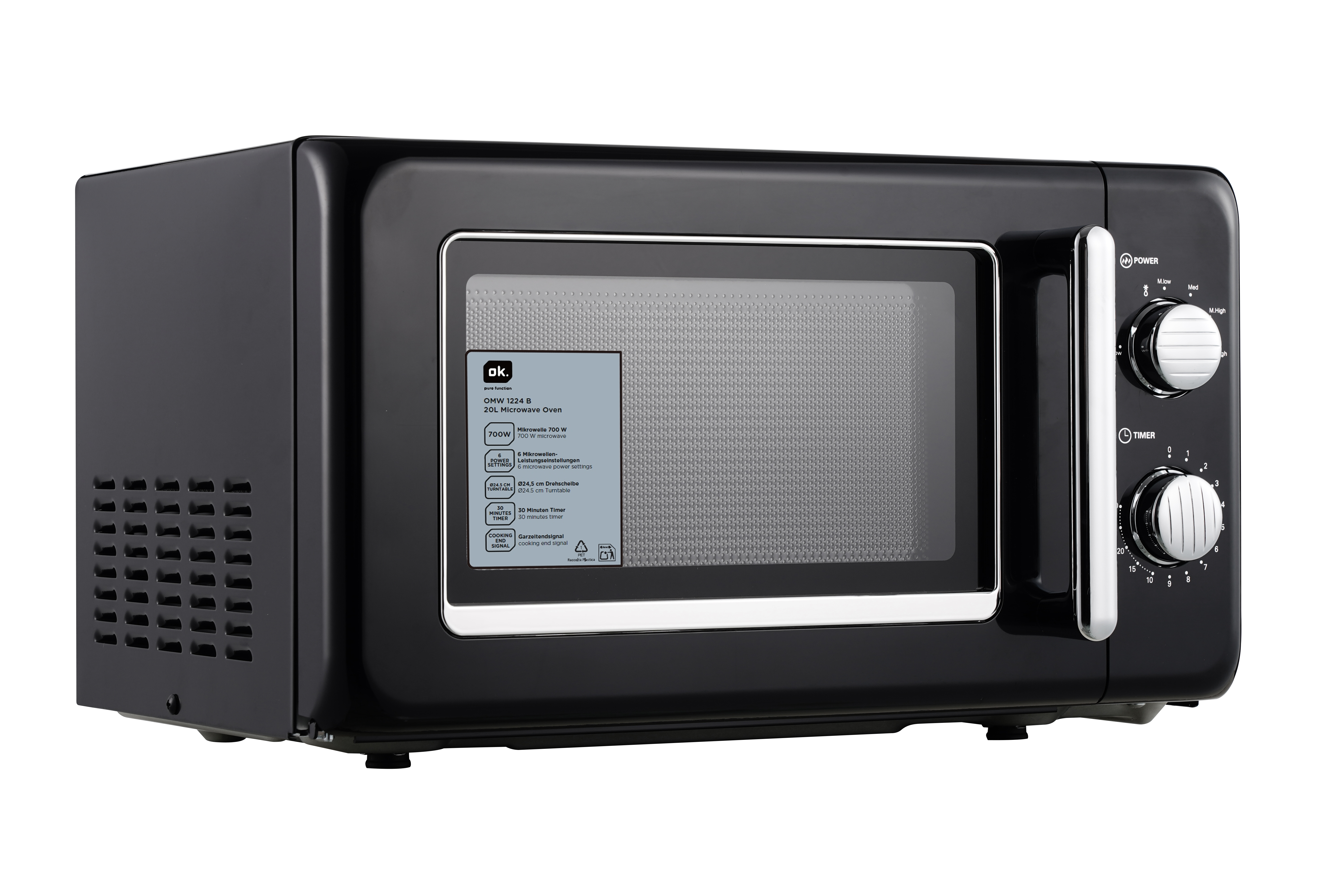 Czarna kuchenka mikrofalowa z pokrętłami mocy i timera na białym tle.