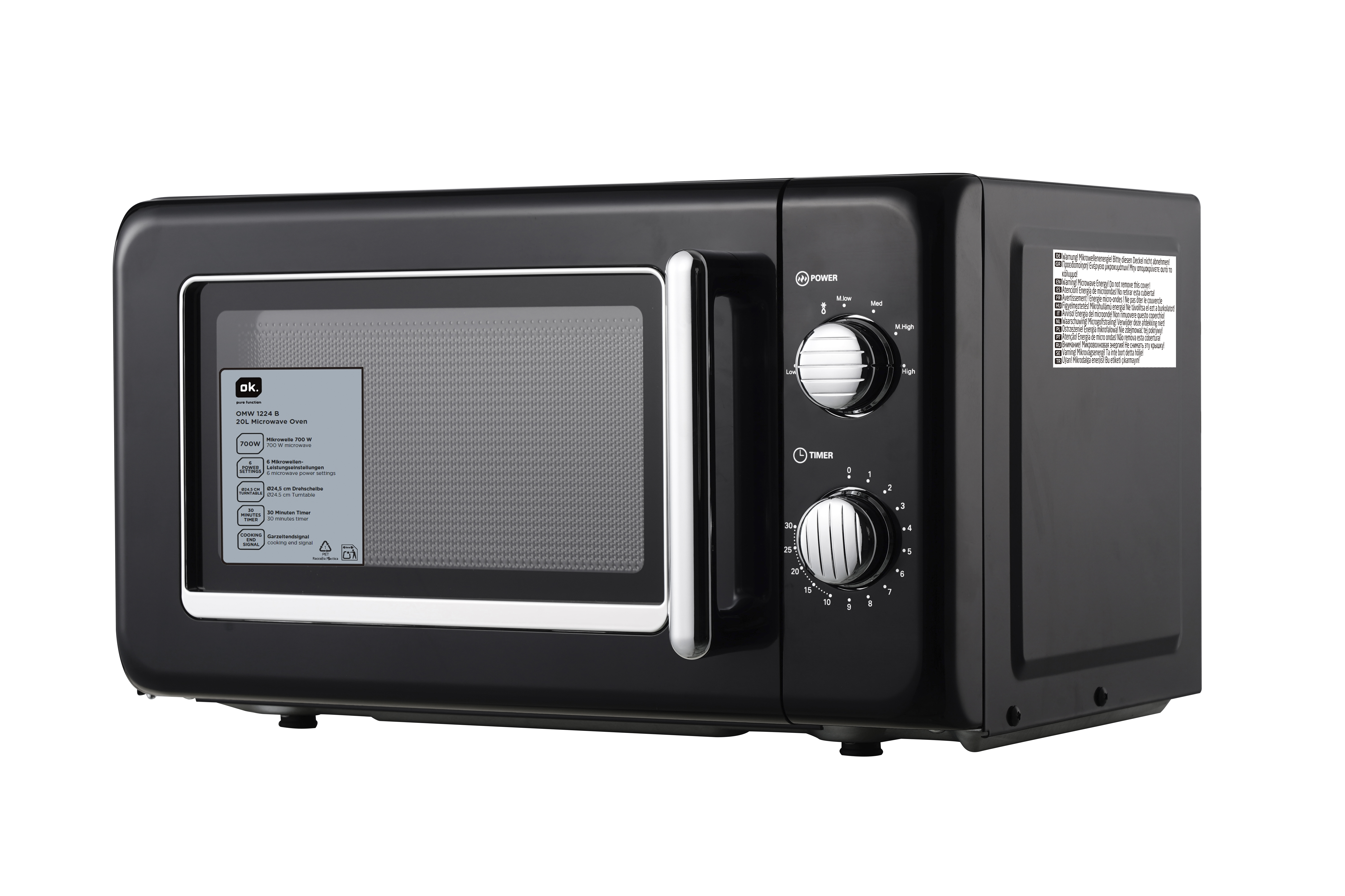 Czarna kuchenka mikrofalowa ze srebrnymi pokrętłami i szklanymi drzwiczkami.