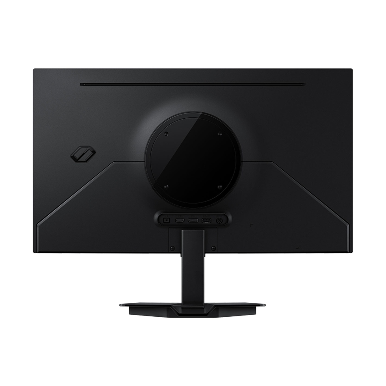 Vista posteriore di un monitor nero con porte e supporto.