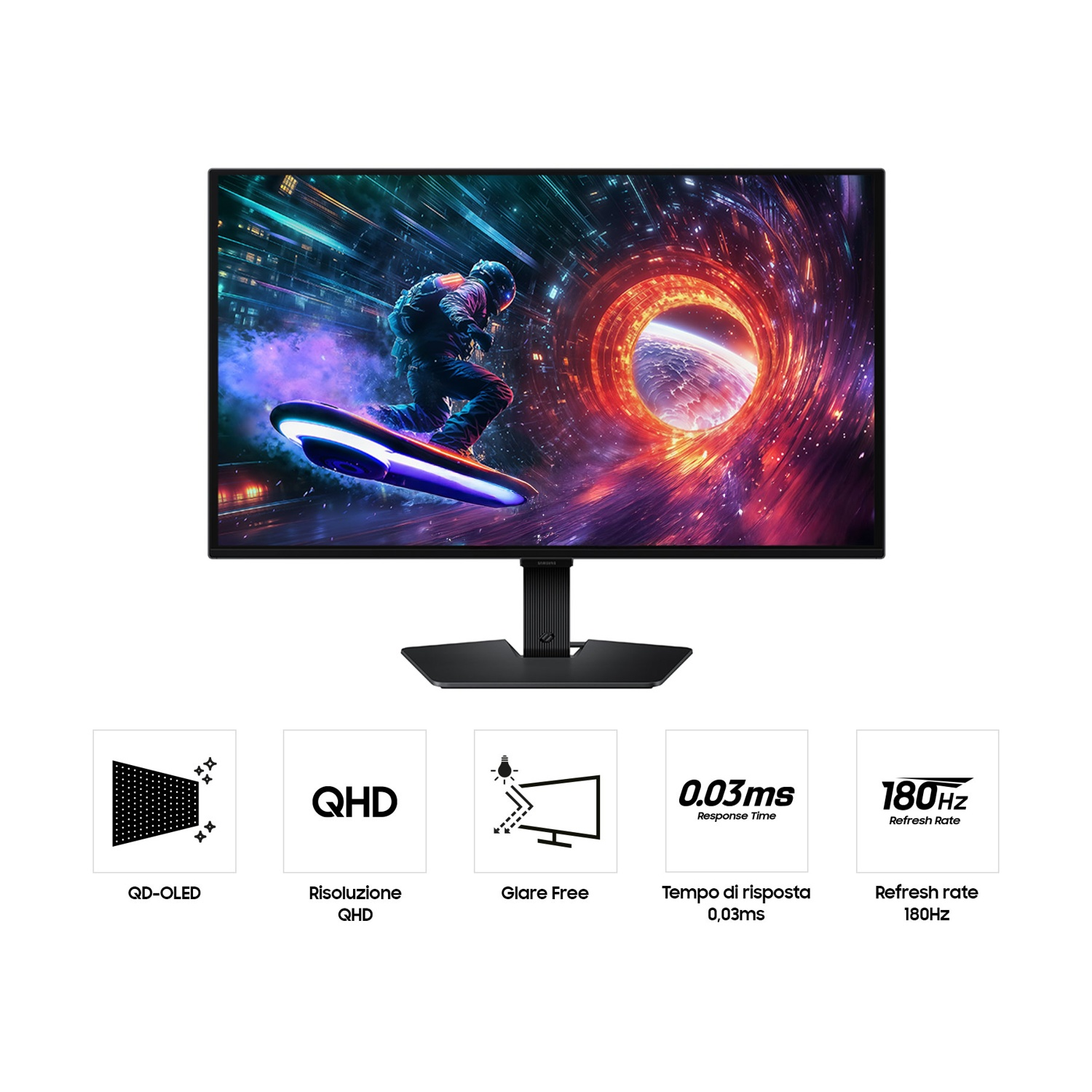 Un monitor con immagine sci-fi, che mostra QD-OLED, QHD, tempo risposta 0,03ms.