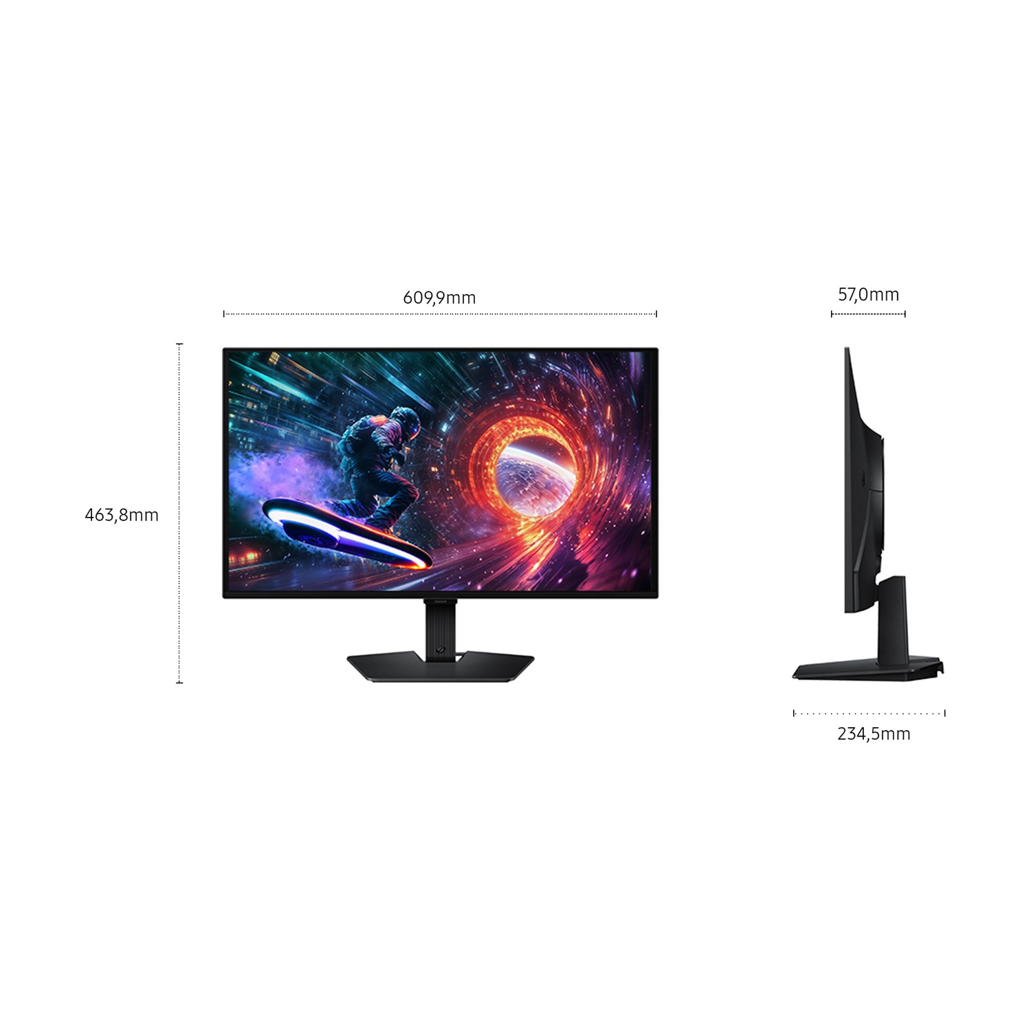 Un monitor con un'immagine futuristica. Le dimensioni sono indicate.