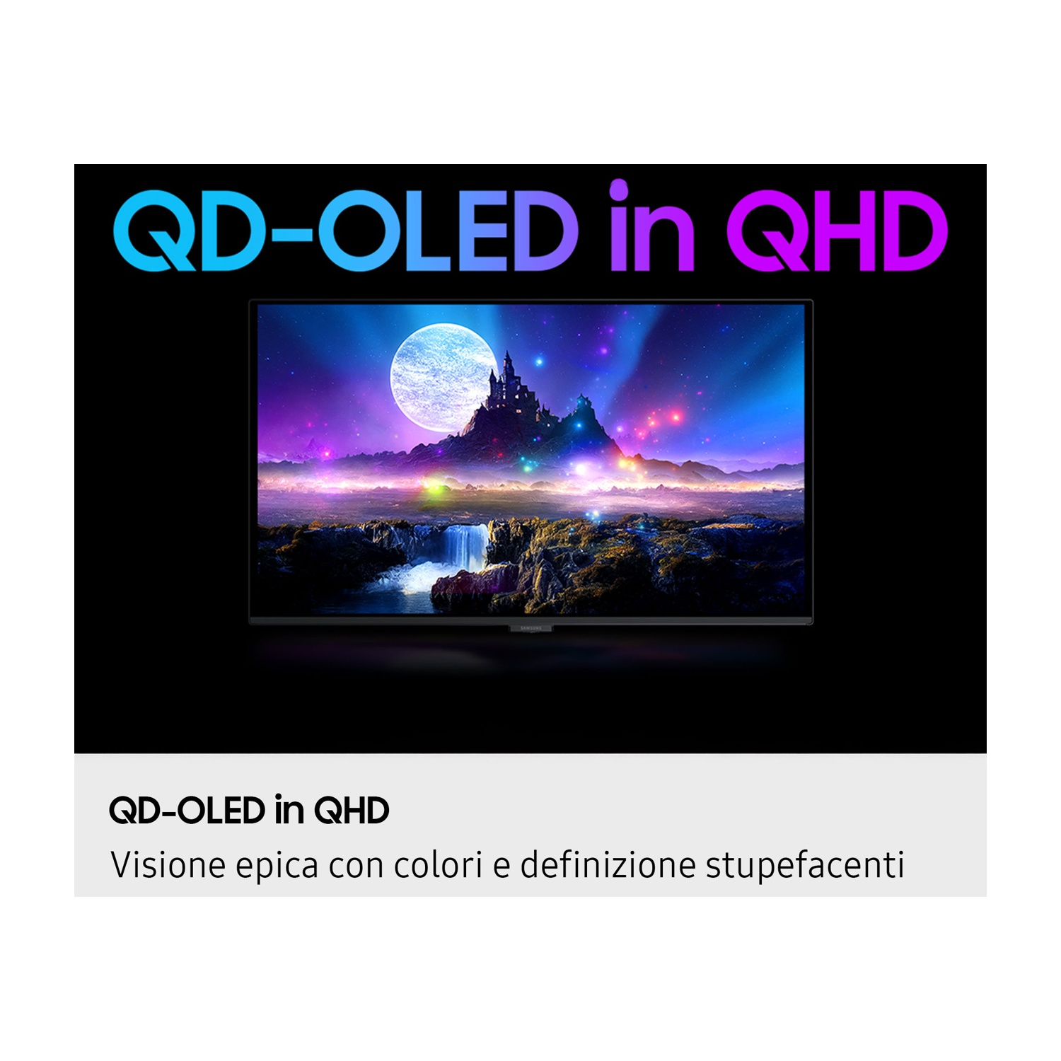 QD-OLED in QHD, con mondo fantasy, castello e luna.