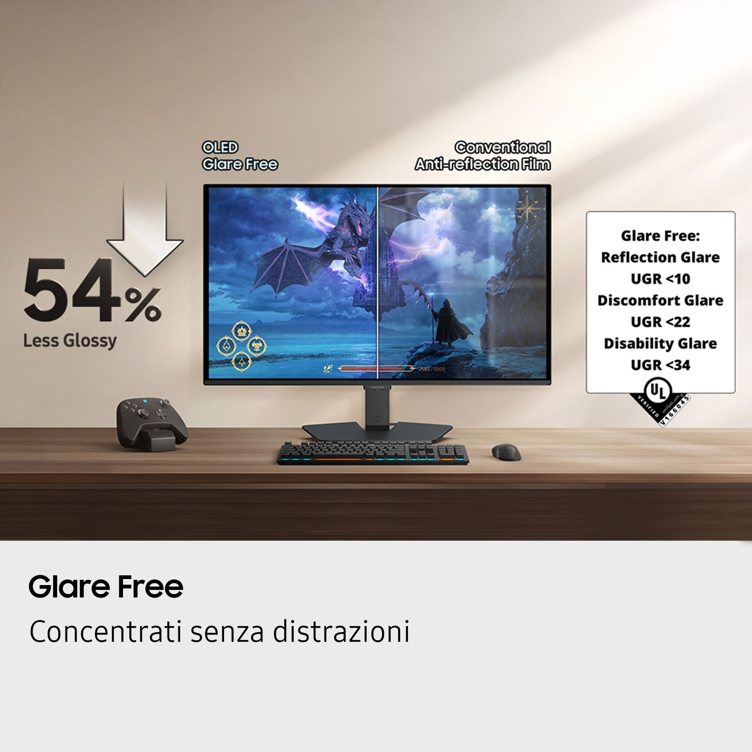 Monitor OLED con 54% meno lucido, mostra scena di gioco senza riflessi.