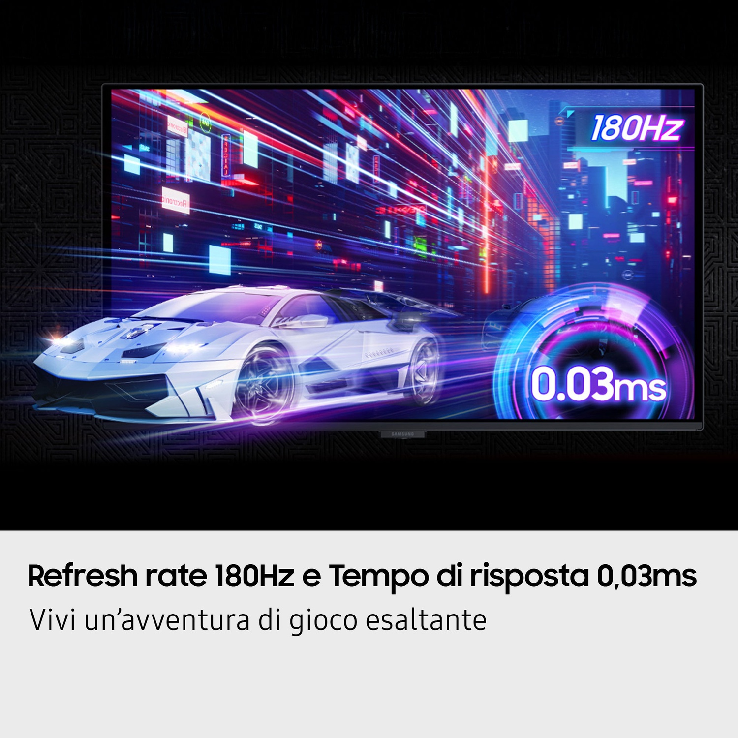 Un'auto sportiva bianca futuristica attraversa una città illuminata al neon. 180Hz, 0.03ms.