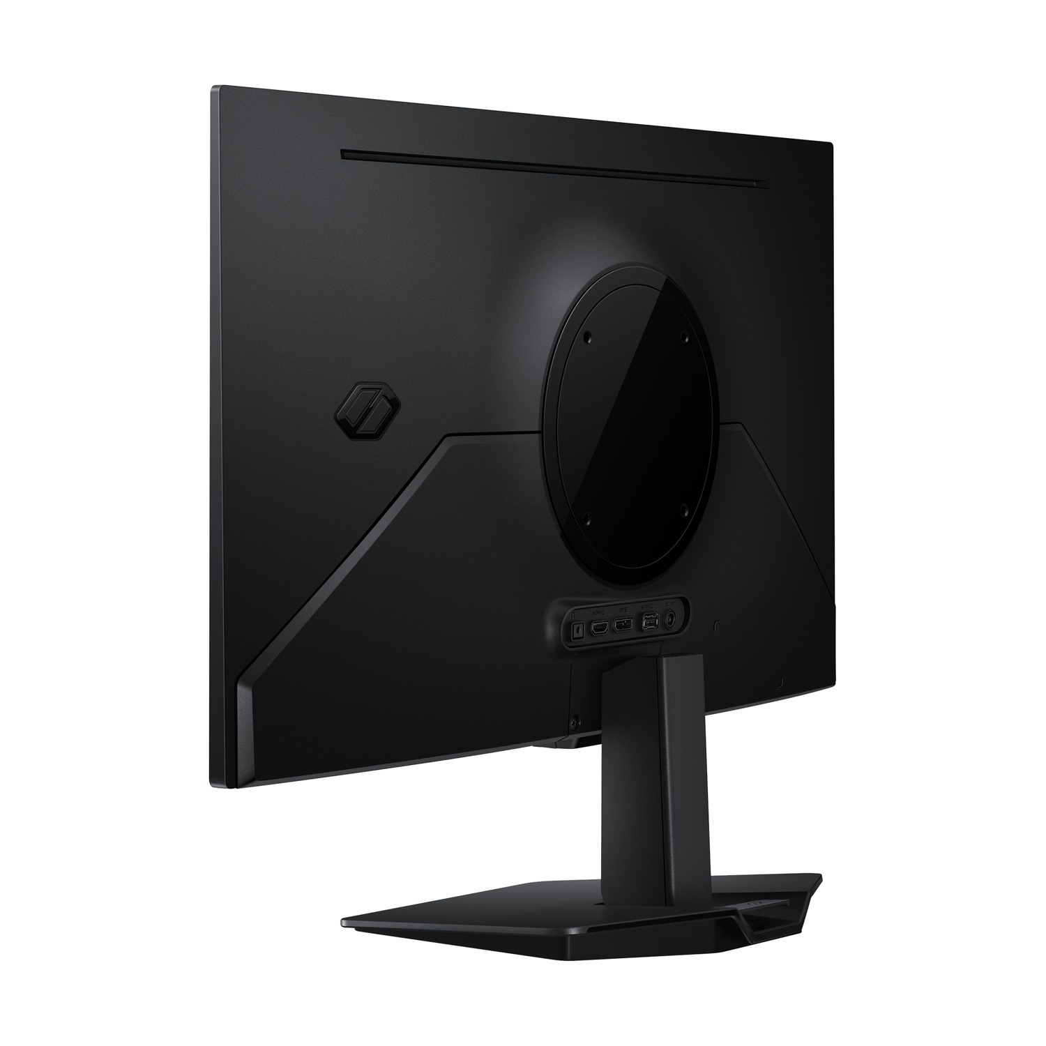 Vista posteriore di un monitor nero con porte e supporto. Sfondo bianco.