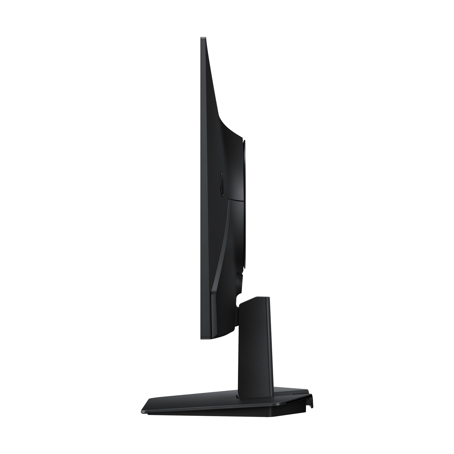 Un monitor di computer nero visto di profilo su sfondo bianco.