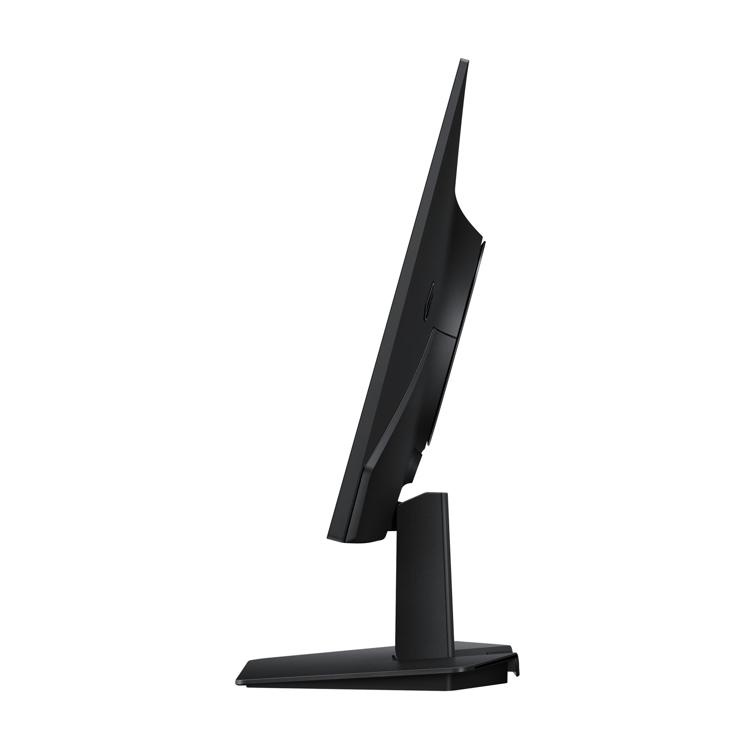 Un monitor di computer nero con supporto, visto di lato.