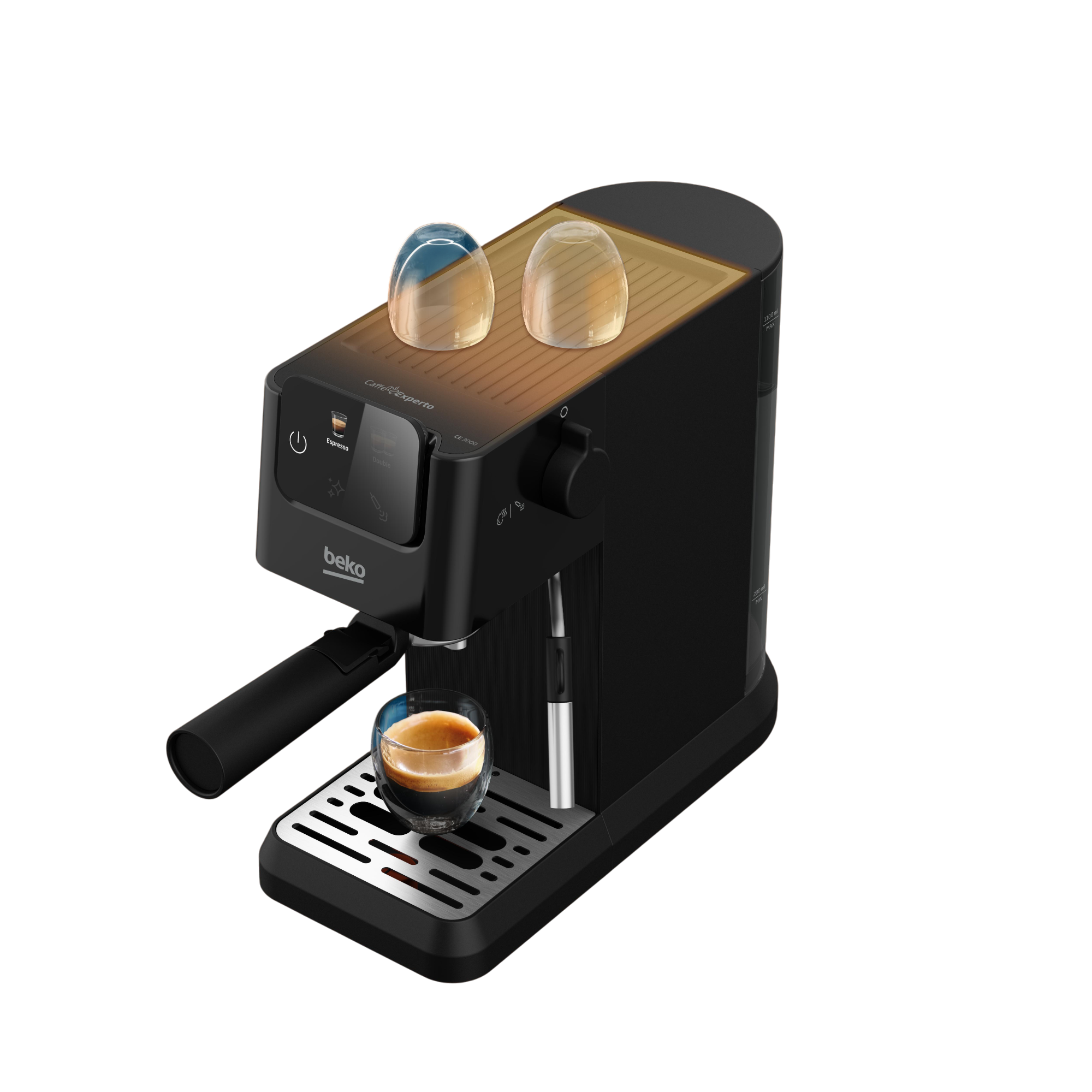 Czarna ekspres do kawy z dwoma filiżankami na górze i jedną filiżanką espresso z przodu.