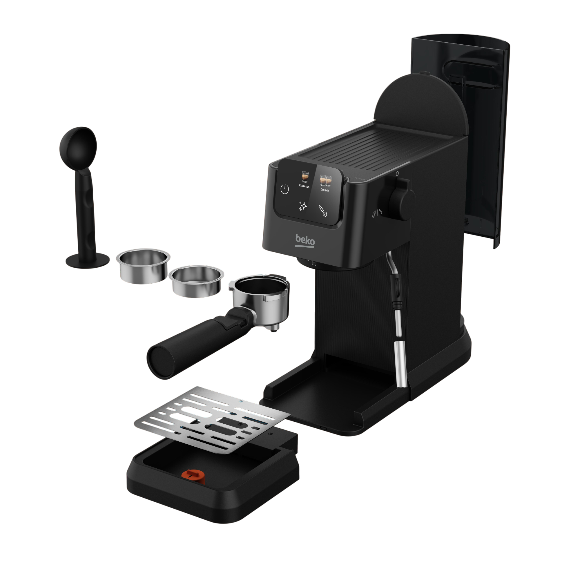 Czarny ekspres do kawy z akcesoriami: uchwyt filtra, filtry, łyżka, tacka ociekowa.