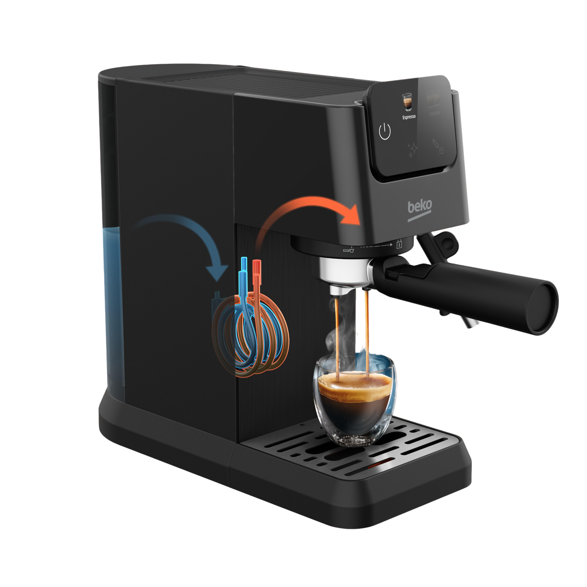 Czarny ekspres do kawy zaparza espresso do szklanki. Strzałki niebieskie i czerwone pokazują przepływ.