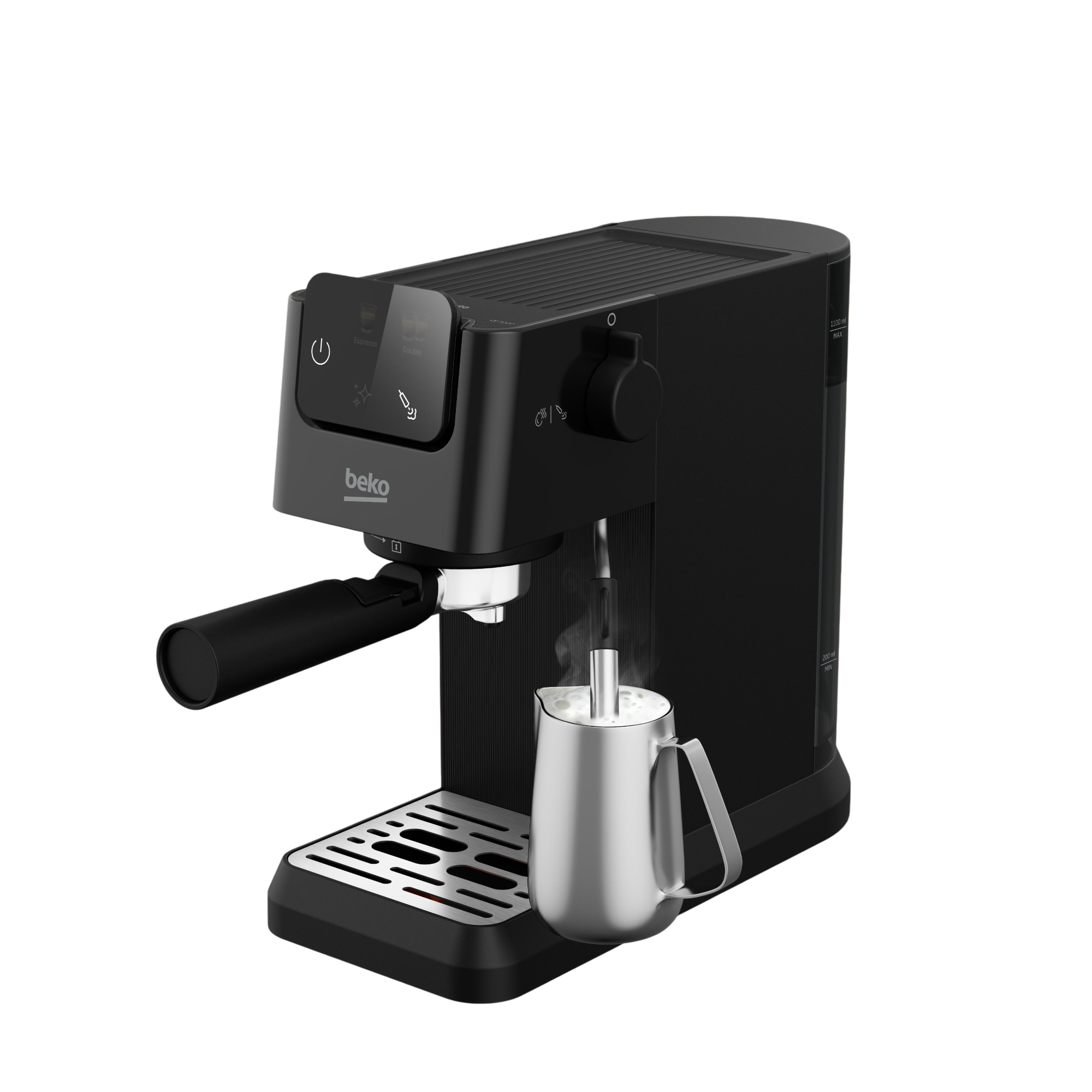 Czarna ekspres do kawy z dzbankiem na mleko, parujący.