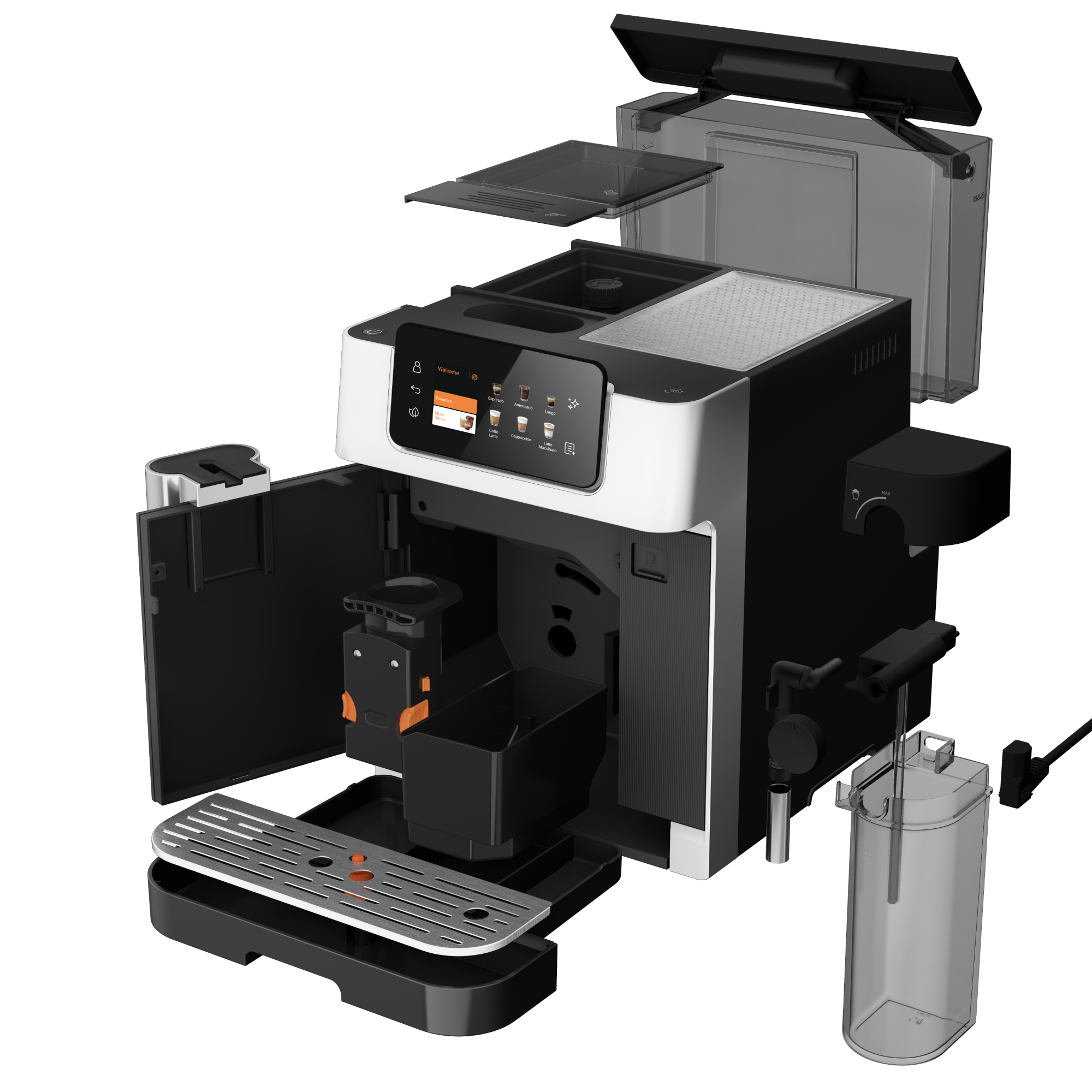 Widok rozstrzelony czarno-białej ekspresu do kawy z odczepianymi częściami.