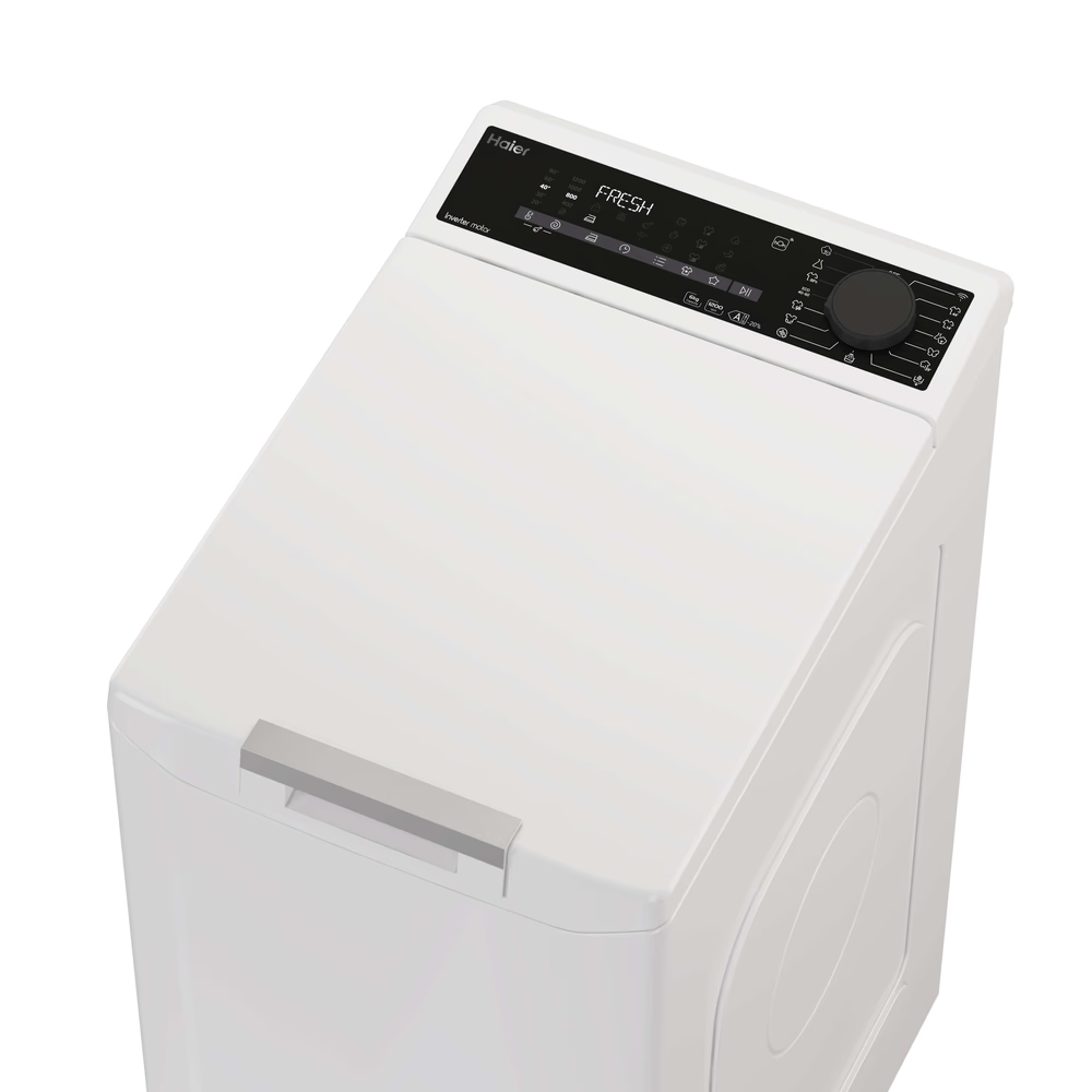 Fehér Haier mosógép digitális kezelőpanellel és forgókapcsolóval.