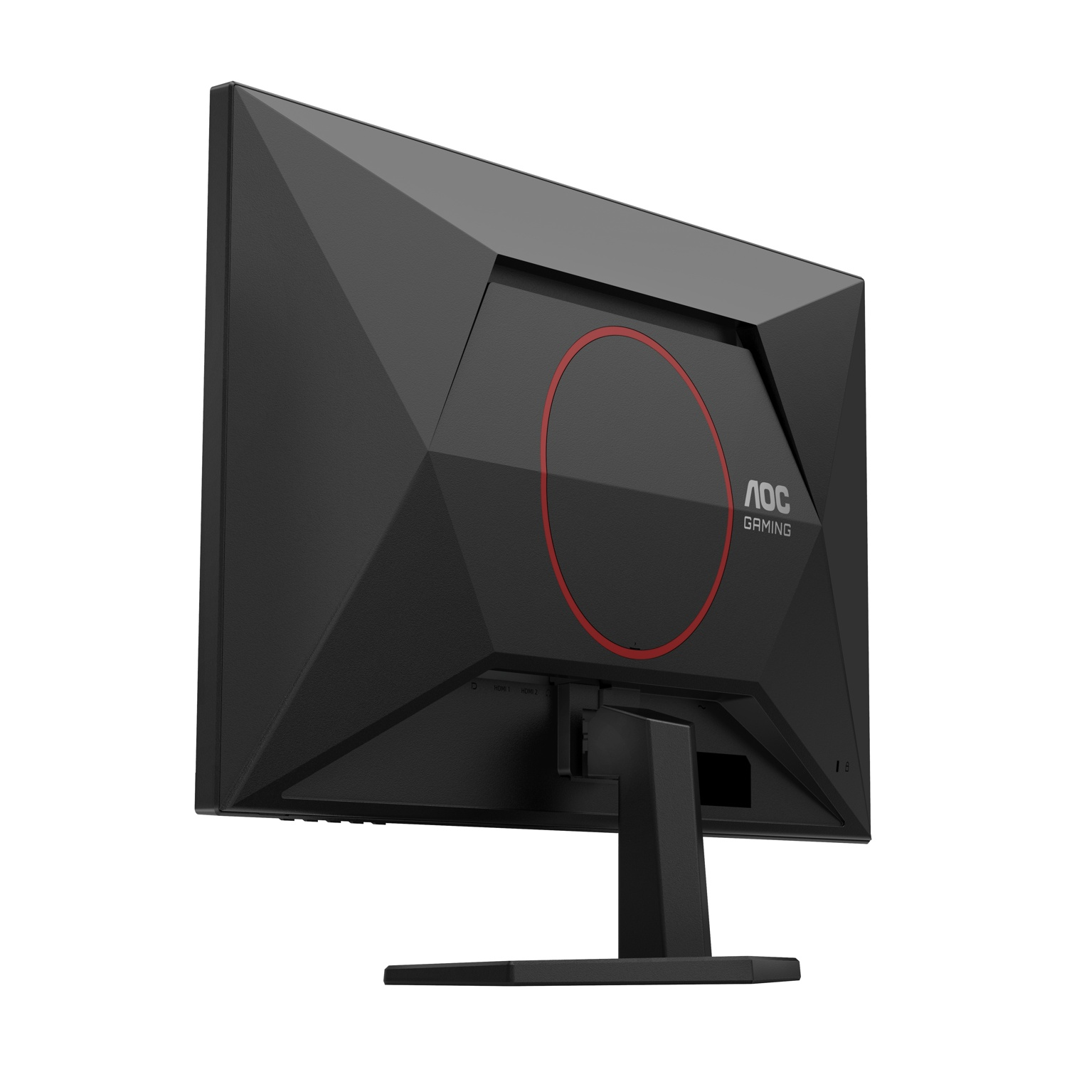 Retro di un monitor AOC Gaming nero con cerchio rosso e porte visibili.