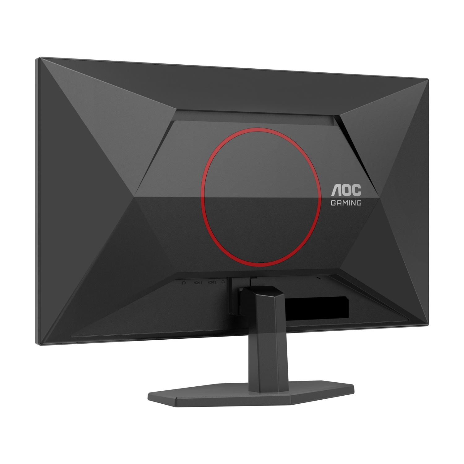 Retro di un monitor AOC Gaming nero con cerchio rosso e porte.