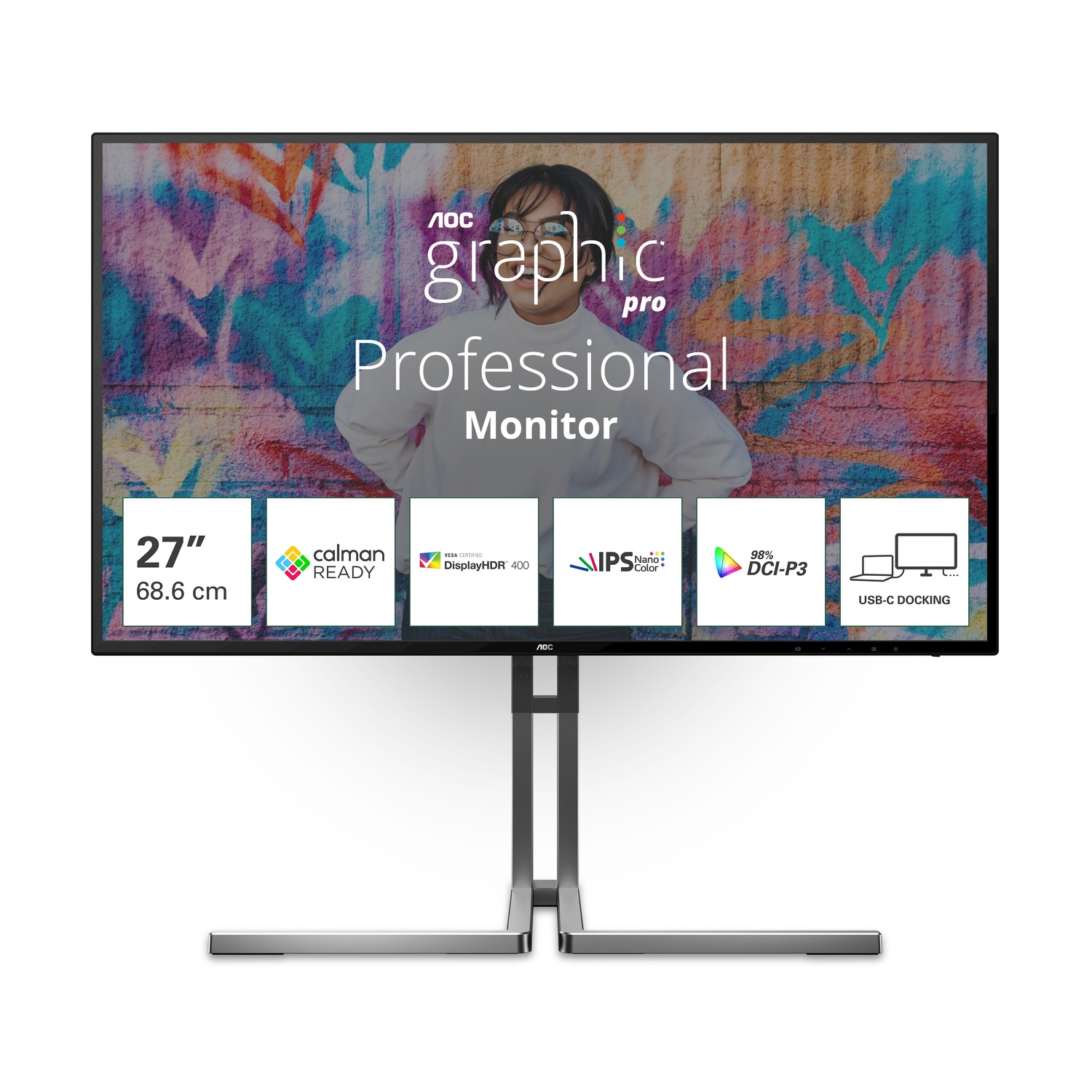 AOC U27U3Cv Monitor, 27", UHD 4K, 3840 x 2160 Pixel, tempo di risposta 4 ms, refresh rate 60 Hz