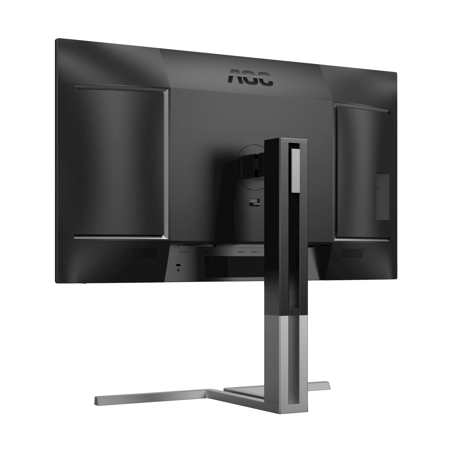 Vista posteriore di un monitor AOC nero con supporto argentato e porte.
