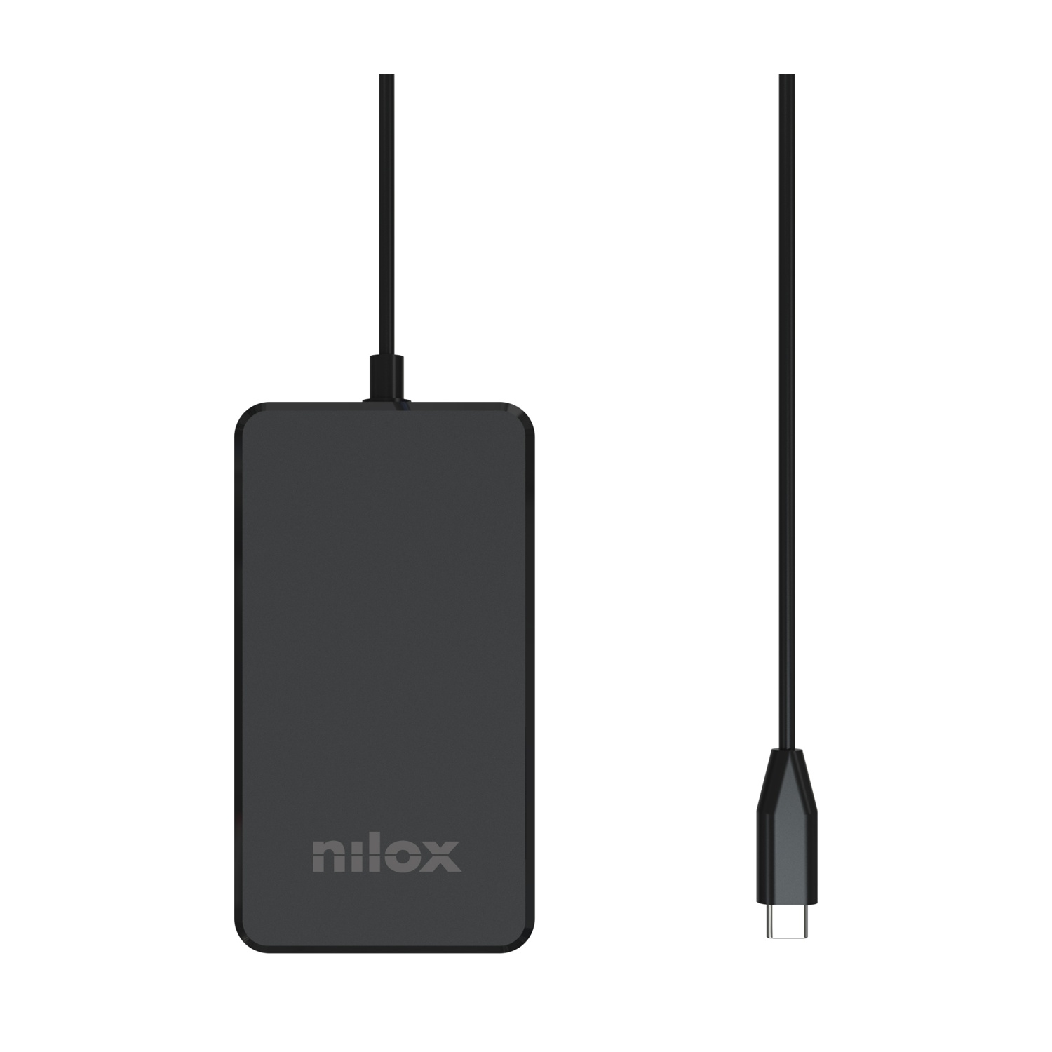 Un caricabatterie Nilox nero con cavo USB-C su sfondo bianco.