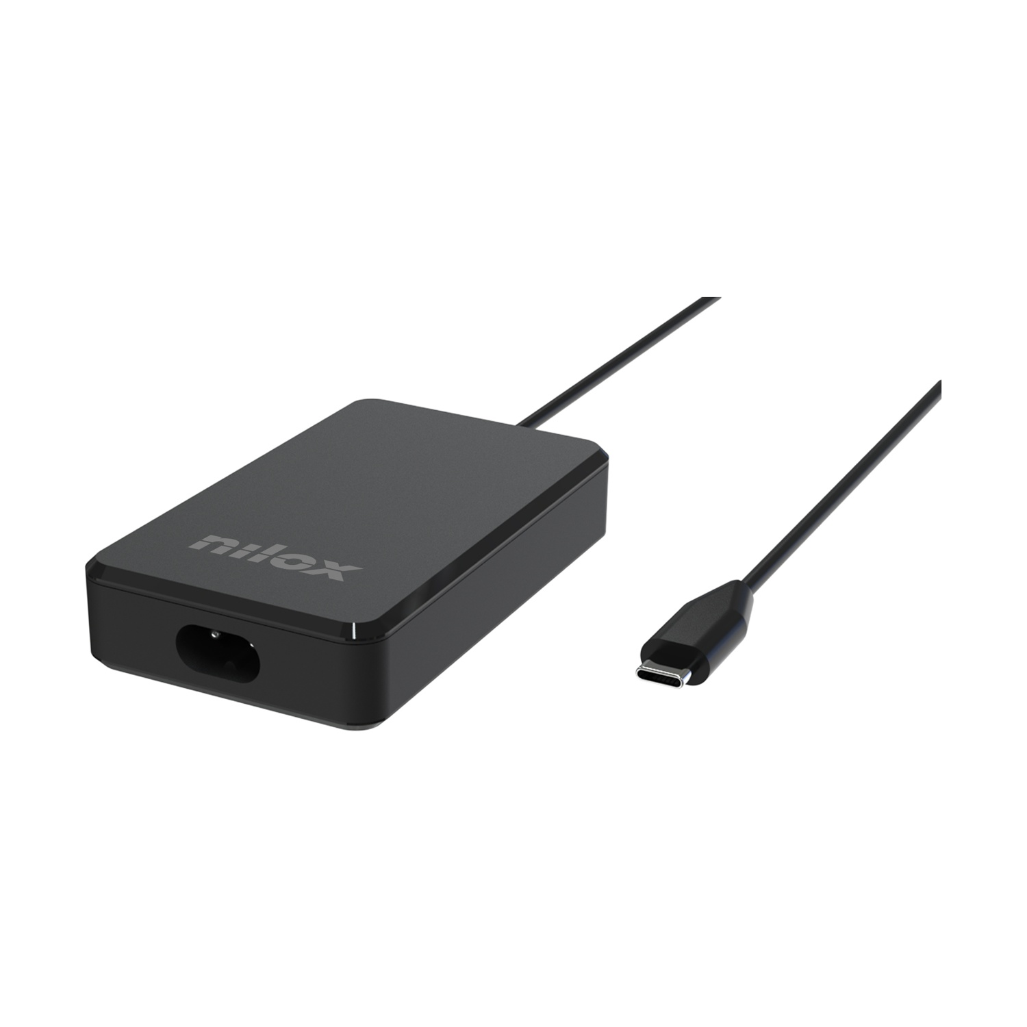 Un alimentatore USB-C nero con logo Nilox.