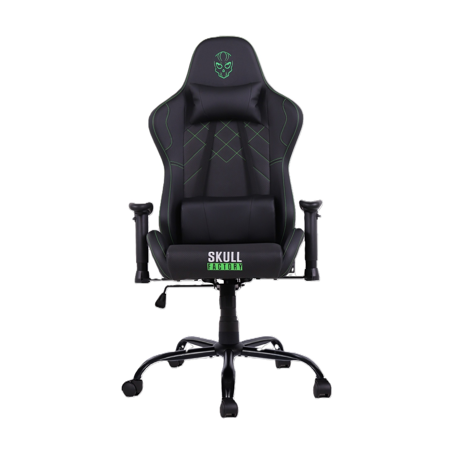 Sedia da gaming nera con cuciture verdi e logo teschio.