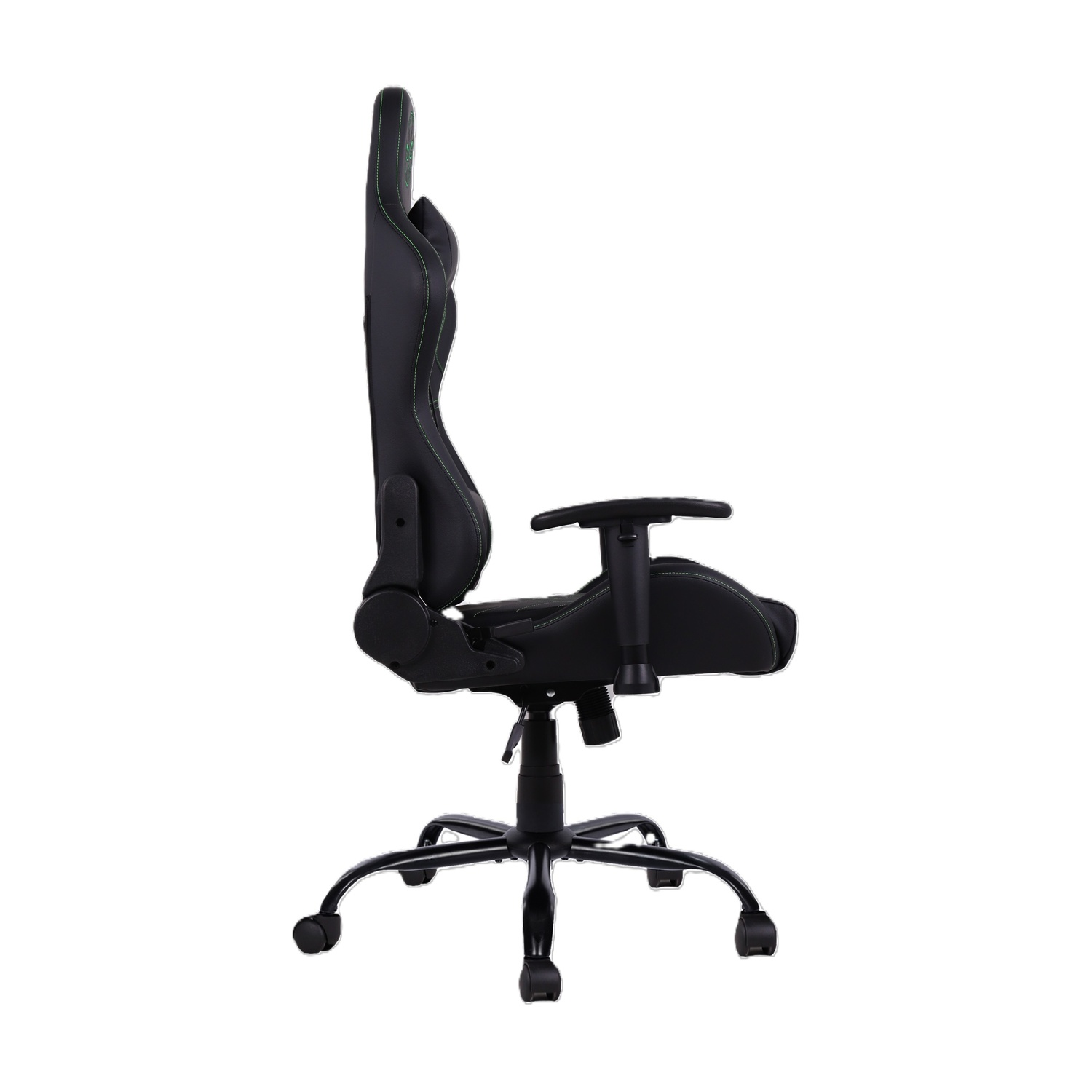 Sedia da gaming nera con cuciture verdi, vista di lato su sfondo bianco.