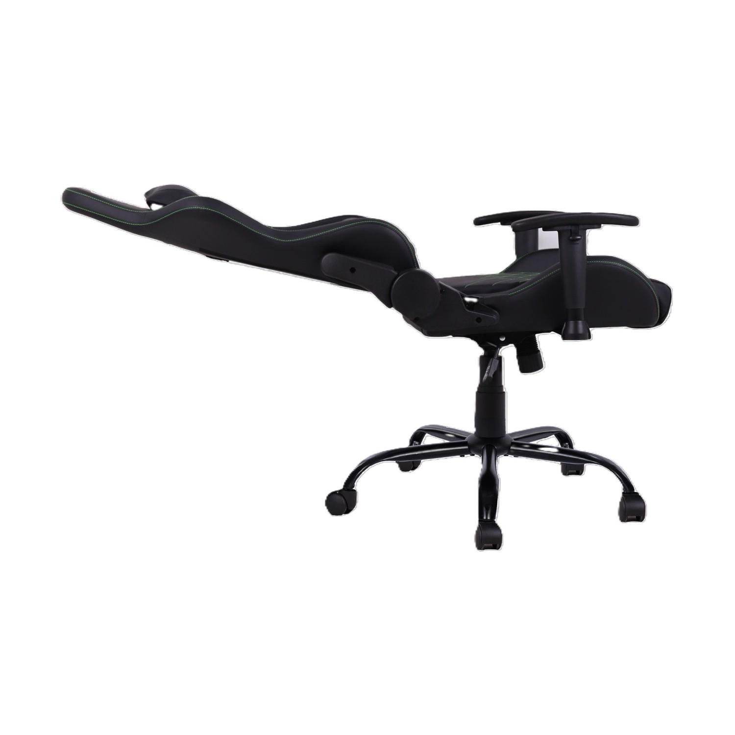 Sedia da gaming nera reclinata con cuciture verdi, su ruote.