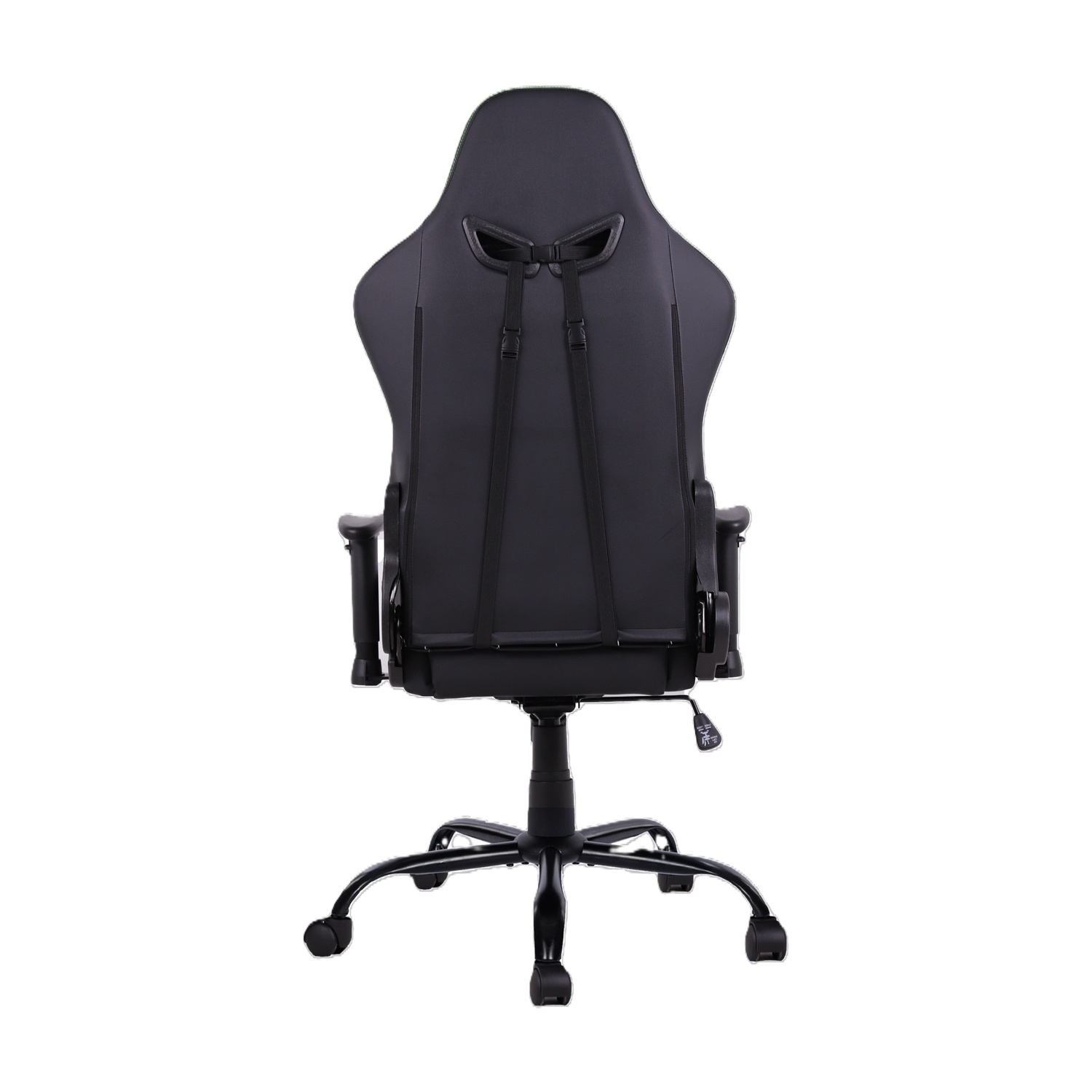 Vista posteriore di una sedia da gaming nera con schienale alto, poggiatesta e base a cinque ruote su sfondo bianco.