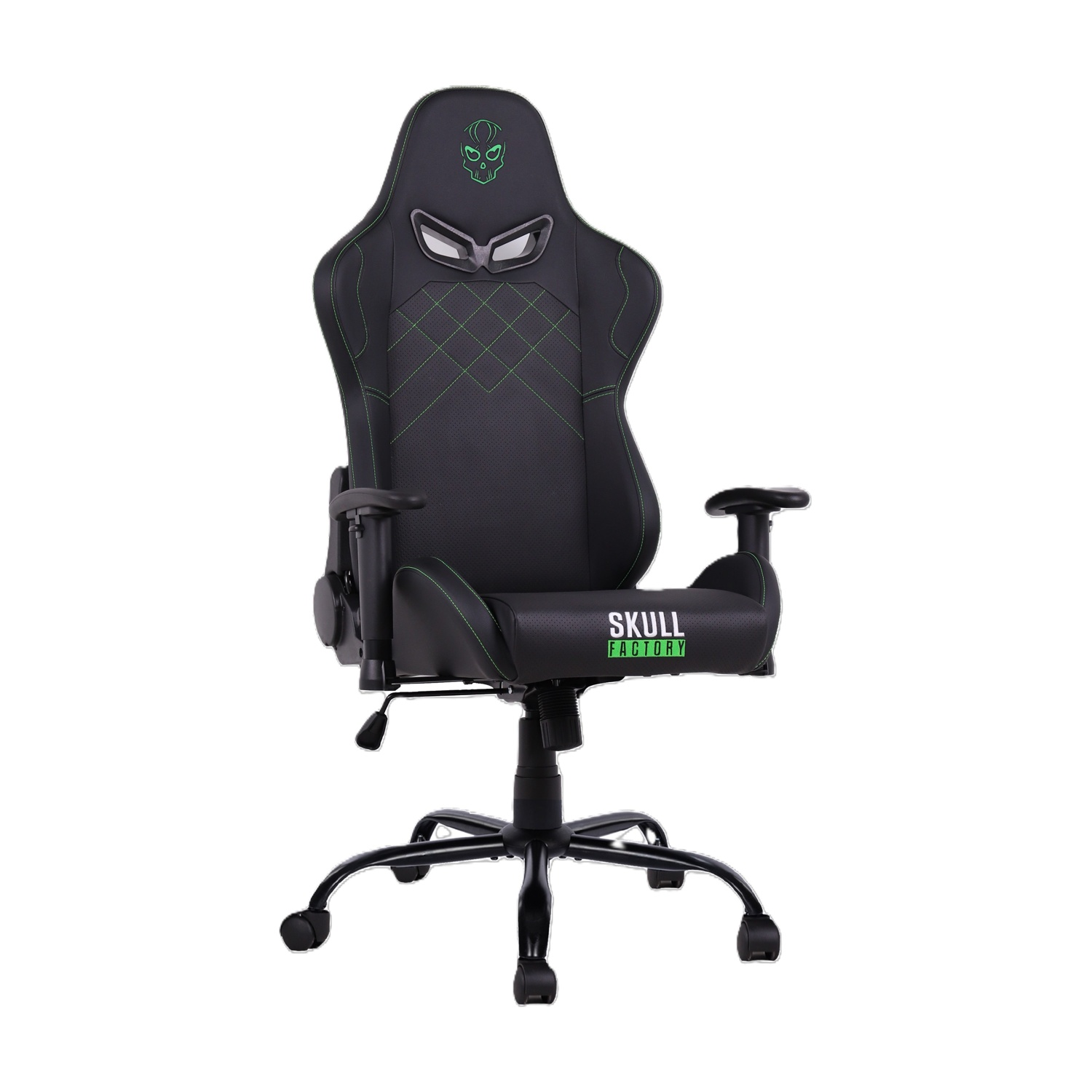 Una sedia da gaming nera con accenti verdi e logo teschio.