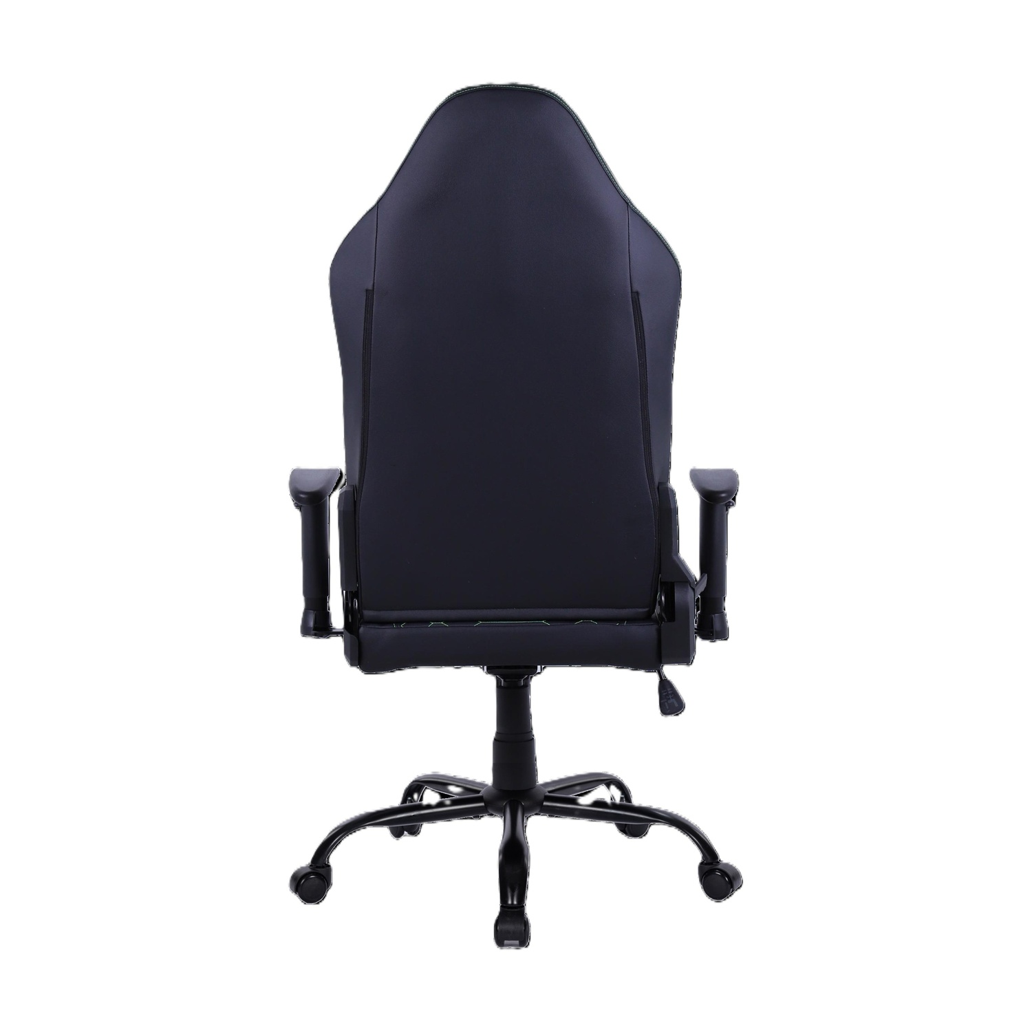 Vista posteriore di una sedia da ufficio nera con ruote.