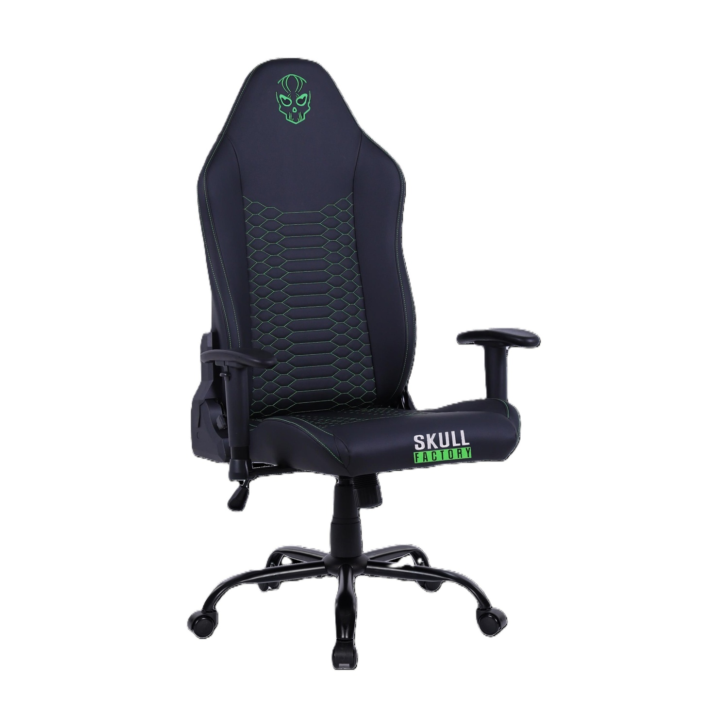 Sedia da gaming nera con logo teschio verde e scritta "SKULL FACTORY".