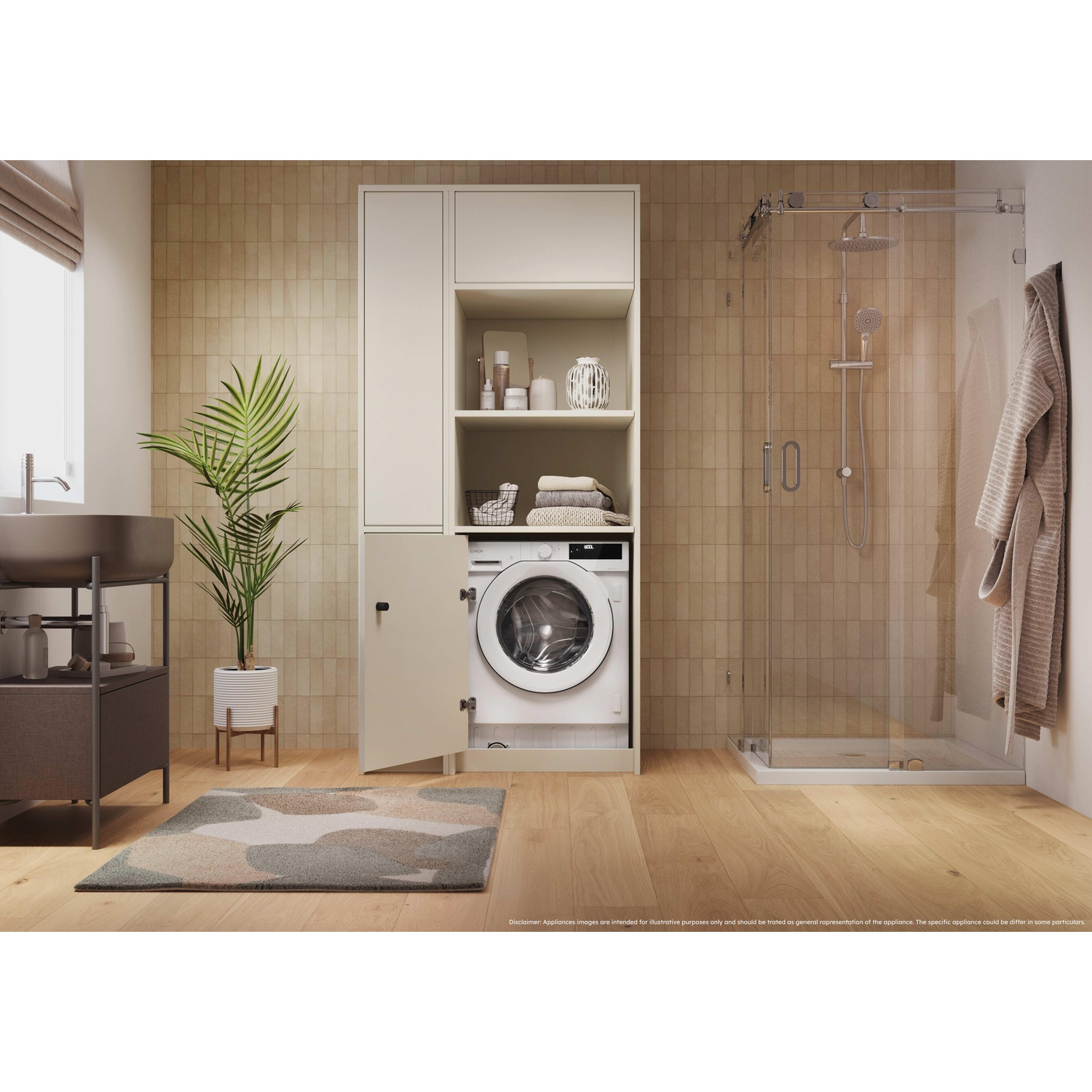Un bagno con lavatrice, doccia, lavandino e pianta.
